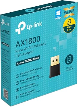TP-Link Archer TX20U Nano, AX1800 Mbps, Dual Band, MU-MIMO, USB 2.0, WPA3, Windows 10/11 Compatible, Wi-Fi 6 Nano USB Adapter