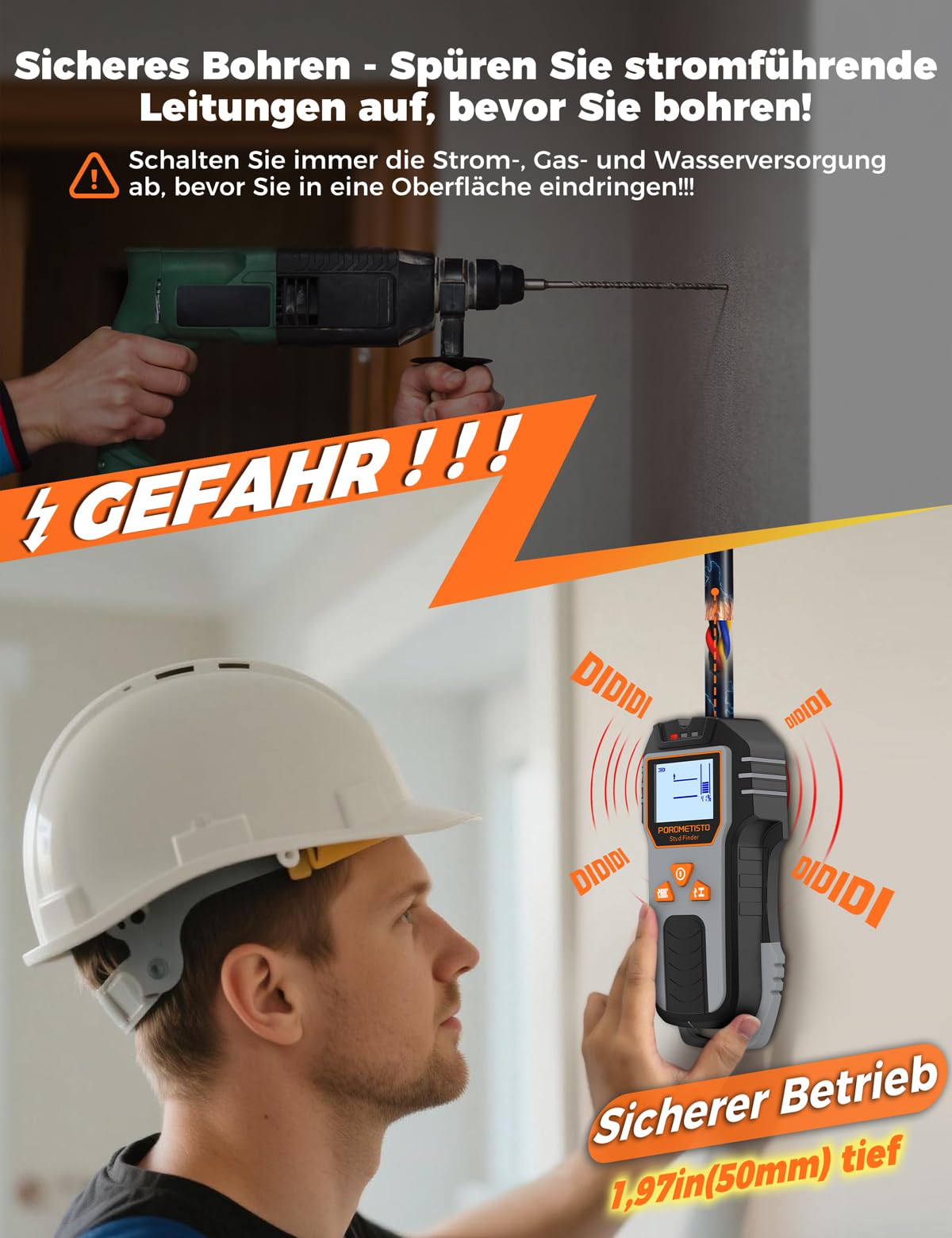 Leitungssucher Ortungsgerät, POROMETISTO DSF01 Wand Scanner, 6-in-1 Multifunktional Stud Finder | Leitungssuchgerät für Holzstuden, Eisenmetalle, Nichteisenmetalle, AC Kabel