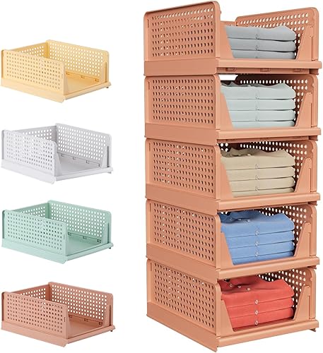 Paquete de 5 cajas de almacenamiento plegables para armario, contenedores de almacenamiento apilables, cesta de cajón de plástico para armario,