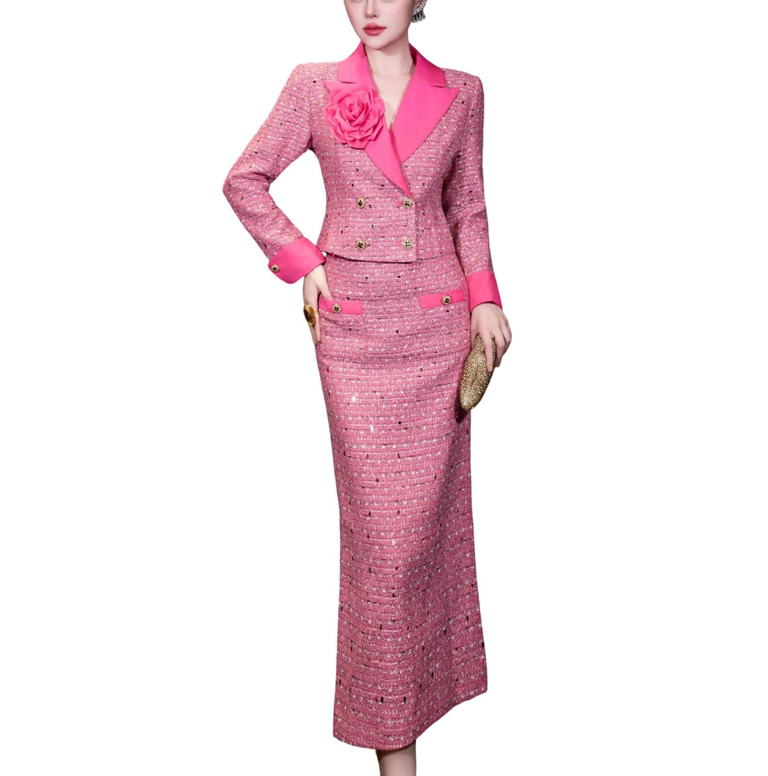 Womens Floral Tweed Jacket and Long Skirt Two Piece Set Elegant Outfit Business Wear for Party or Office