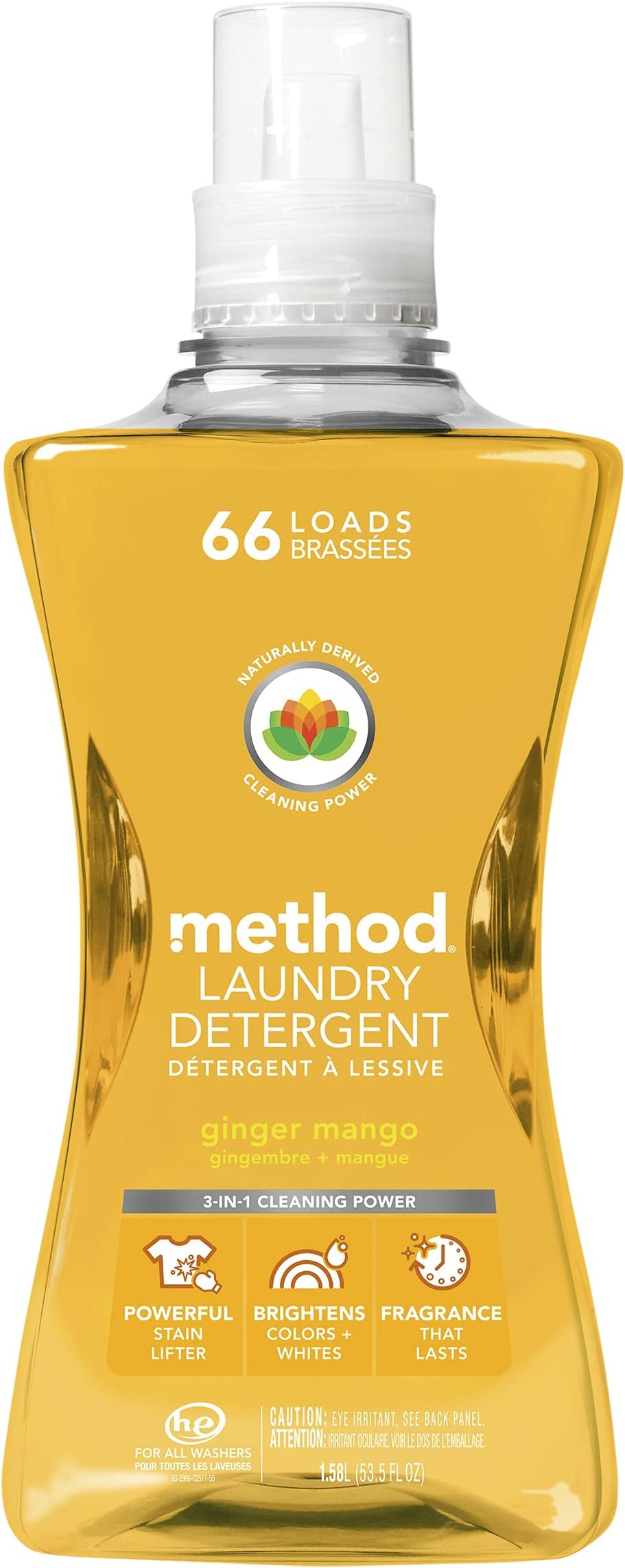 Liquid Laundry Detergent, Ginger Mango, 66 Loads Per Bottle, Hypoallergenic + Stain Remover, 53.5 Fl Oz (Pack of 1)