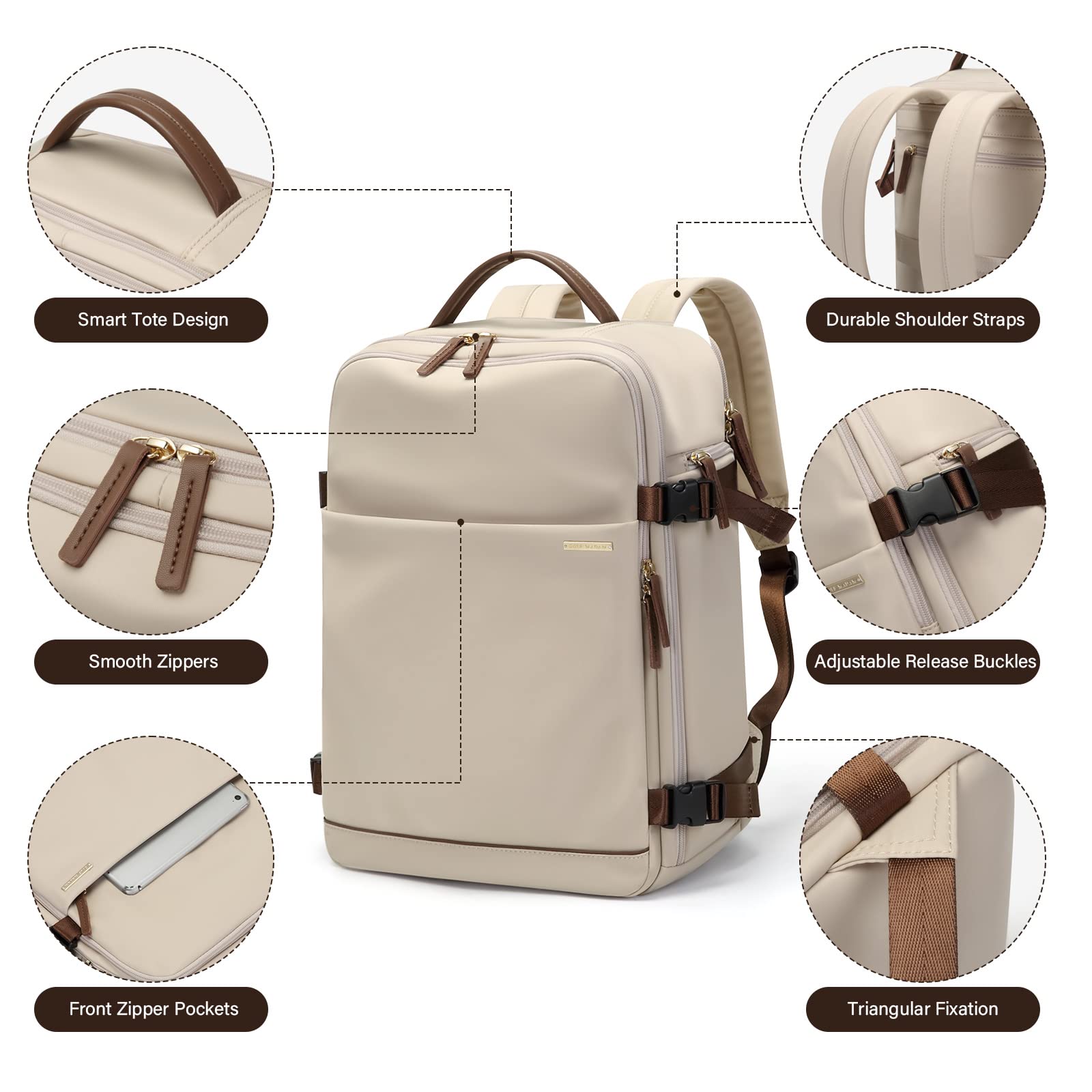 GOLF SUPAGS Zaino per Laptop con Scomparto per Laptop Separato, Adatto per Notebook da 15,6 Pollici, Borsa per Computer di Grande Capacità per Zaini da Lavoro, Viaggi e College per Donne (Albicocca)