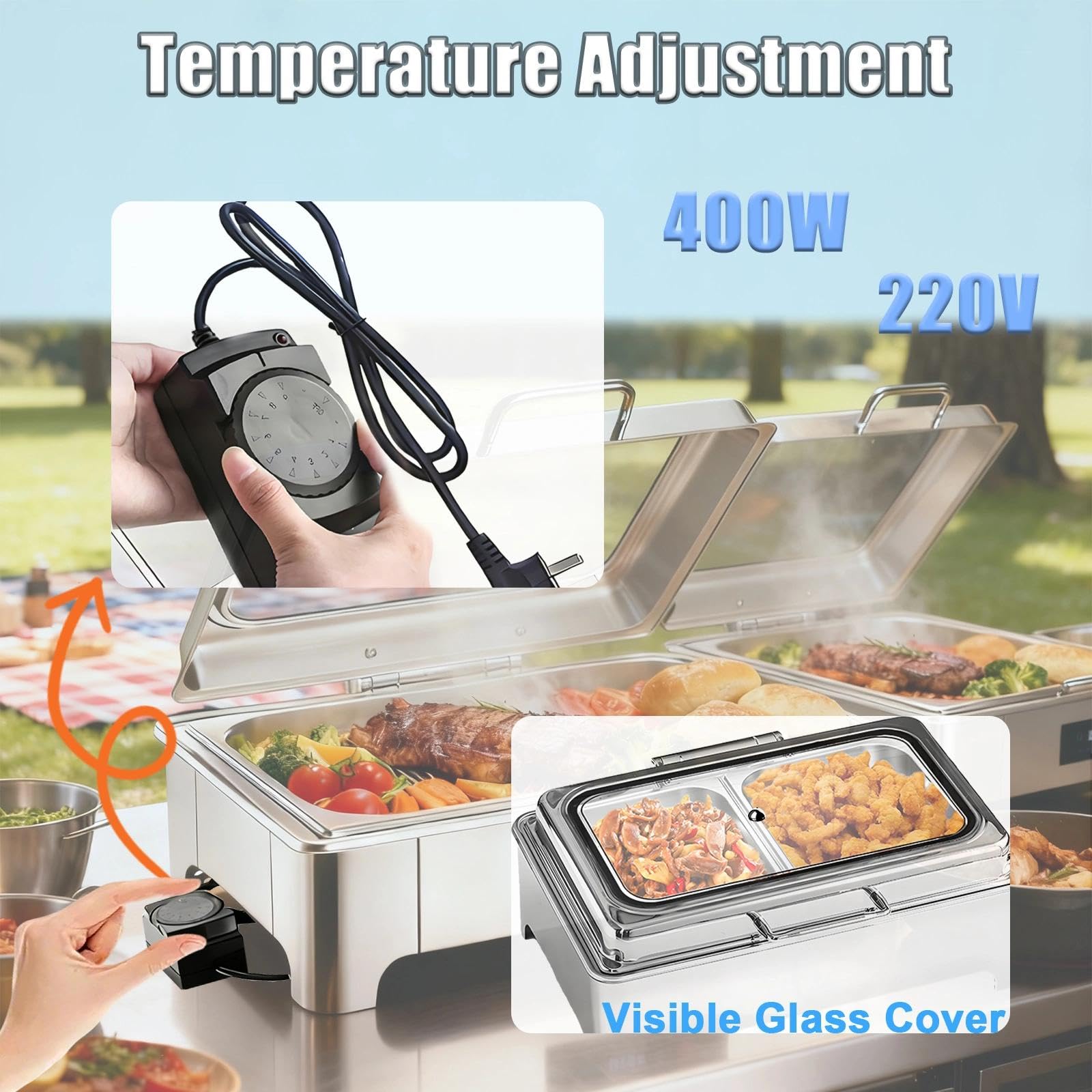 9L Chafing Dish Elettrico, Professionale Scaldavivande Elettrico in Acciaio Inossidabile, Chafing Dish Buffet Elettrico con Finestra Vetrata Transparente per Ristorante(1/2)