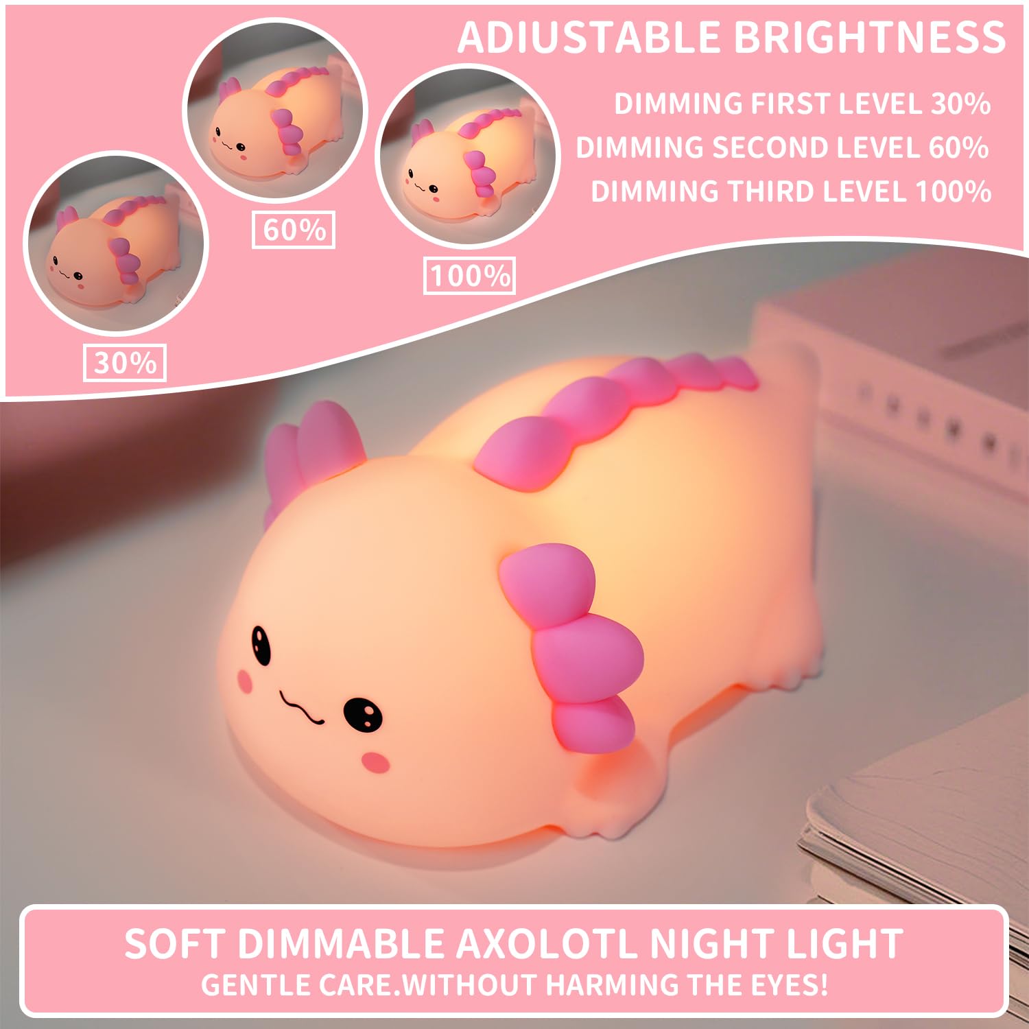 Axolotl Silikon-Nachtlicht für Kinderzimmer, dimmbar, LED-Tierlampe mit Timer, niedliche Geschenke, wiederaufladbare Schlafzimmer-Nachttischlampe mit Touch-Sensor, Spielzeug für Kinder