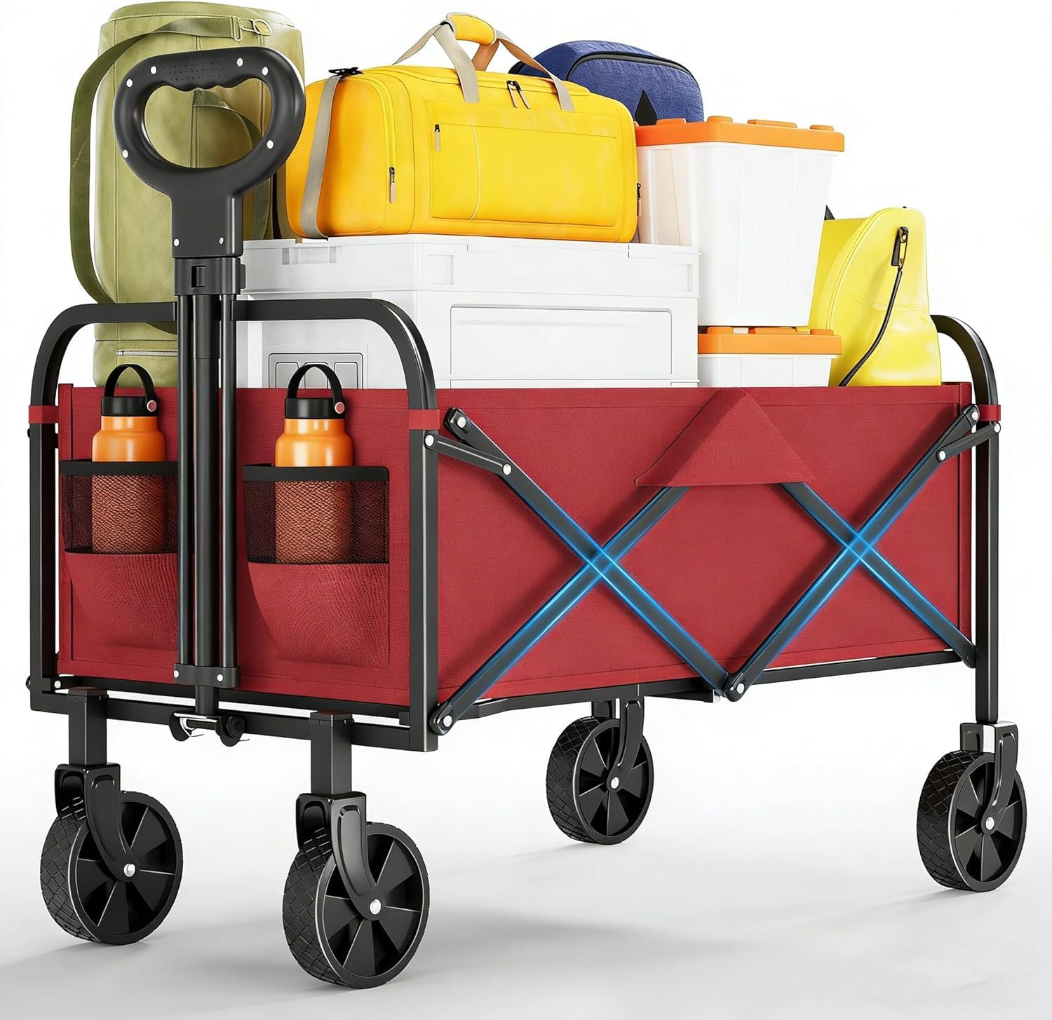 Heavy Duty Folding Wagon Cart 220L Capacity 380LBS Load, Collapsible Utility Wagon with All Terrain 5 Inch Wheels, Portable Garden Beach Camping Shopping Trolley (Red)
