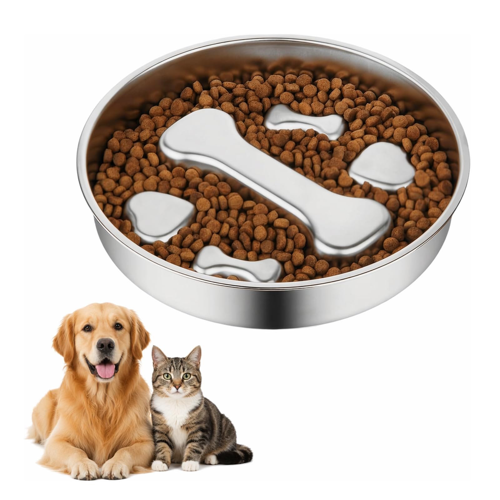Stainless Steel Slow Feeder Dog Bowl - Non-Slip Fun Bone Print Puzzle Dish for Fast Eaters, Medium Size (18x4cm) Promotes Healthy Digestion and Prevents Bloat