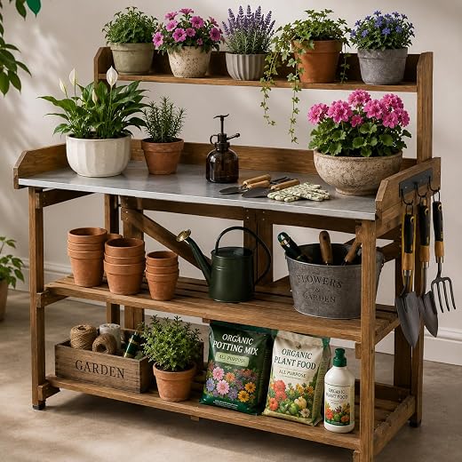 Garden Potting Bench Table Wooden Horticulture Outdoor Planting Work Bench with Metal Tabletop/Hooks/2 Large Open Shelf(34.8" LX 18" W X 46.6" H)