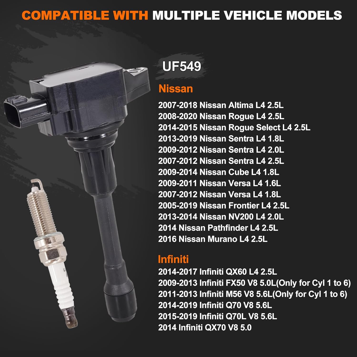 UF549 Ignition Coils & Iridium Spark Plugs,Compatible with 2007-2019 NV200 FX50 M56 QX60 QX70 Replaces 22448-1HM0A UF549,Set of 4