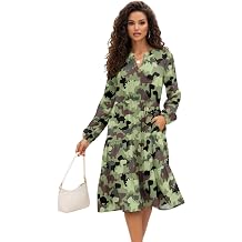 AmzPrint Women's V Neck Ruffle Dress Camouflage Print Yellow Long Sleeve Fashion Casual Swing A-Line Tiered Dress for Women