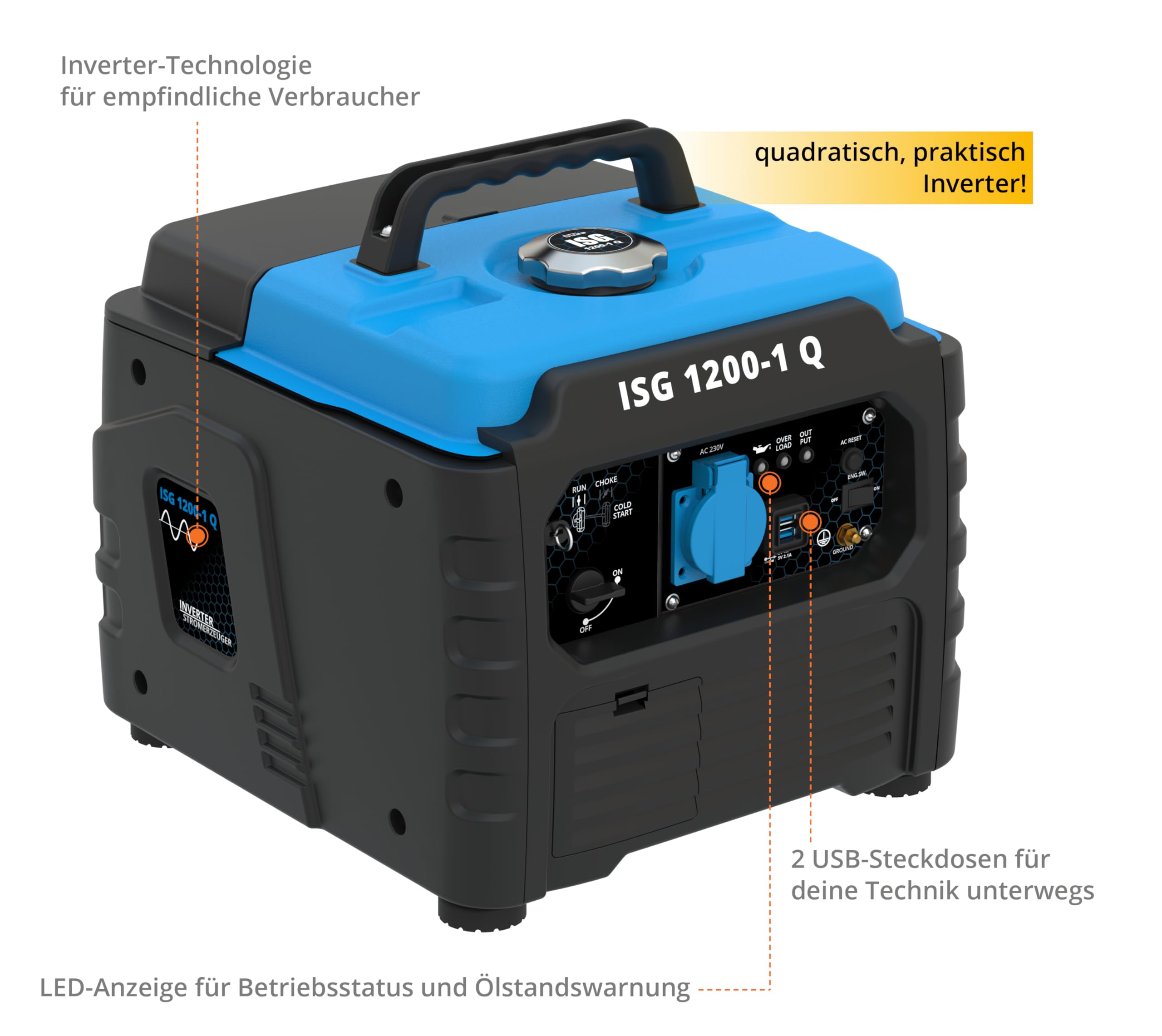 Güde Inverter Stromerzeuger ISG 1200-1 Q (4-Takt Motor, Benzin, 1,3/1,76 (kW/PS), 1x 230V, 2x USB, max. 1200W, Laufzeit bis 6 h, Tank 3 l, Überlastungsschutz, LED-Display, Zubehör, Gewicht 12,4 kg)