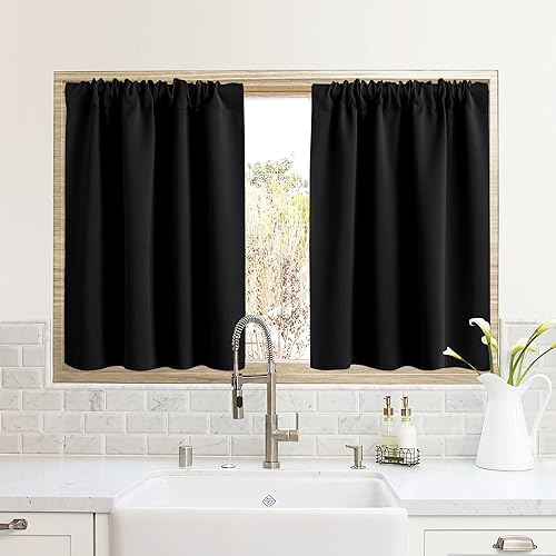 RYB HOME RV Camper Door Window Curtains -Blackout Privacy Curtains & Drapes for Bathroom Bedroom Kitchen Portable Travel Trailer Small Window Decor, W 34 x L 24, Black, 2 Panels