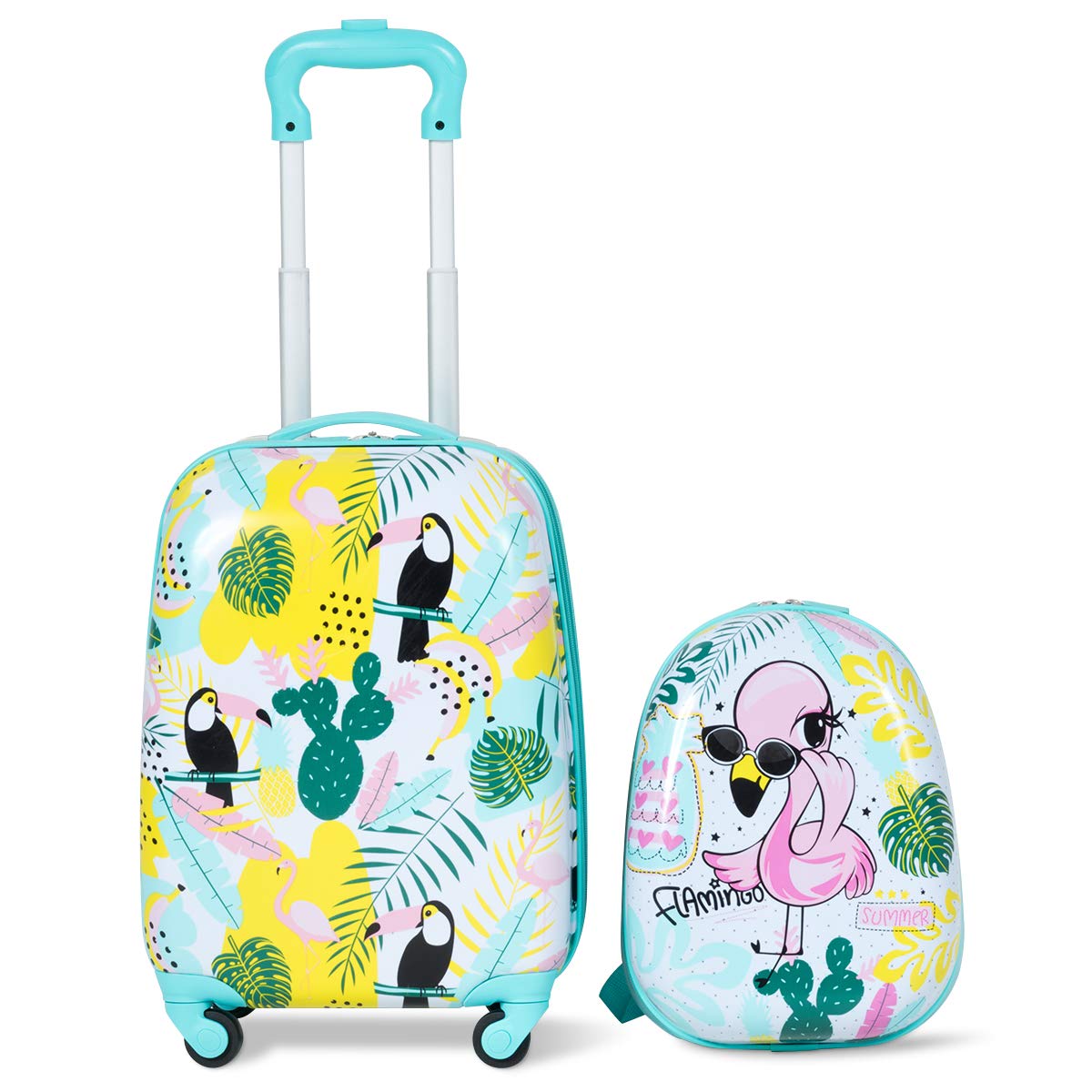 COSTWAY Valise Enfants à roulettes 16’’ & Sac à Dos 12’’ avec Poignée Télescopique, Bagage Enfants avec Motif Flamants, 4 Roues Rotatives, Lot de 2 Valise pour Fille Garçon