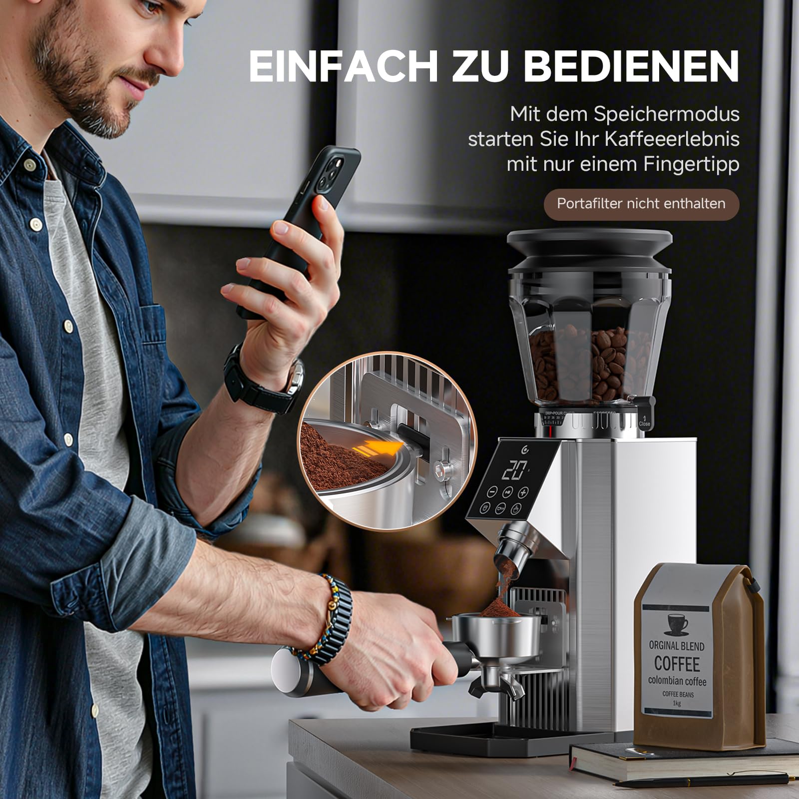 AMZCHEF Kaffeemühle mit 45 Mahlgraden, Edelstahl, Plasma Anti-Statik System, Speicherfunktion, LED-Touchdisplay, 300g Bohnenbehälter, Kaffeemühle für Siebträger, Espresso, Filterkaffee & French Press