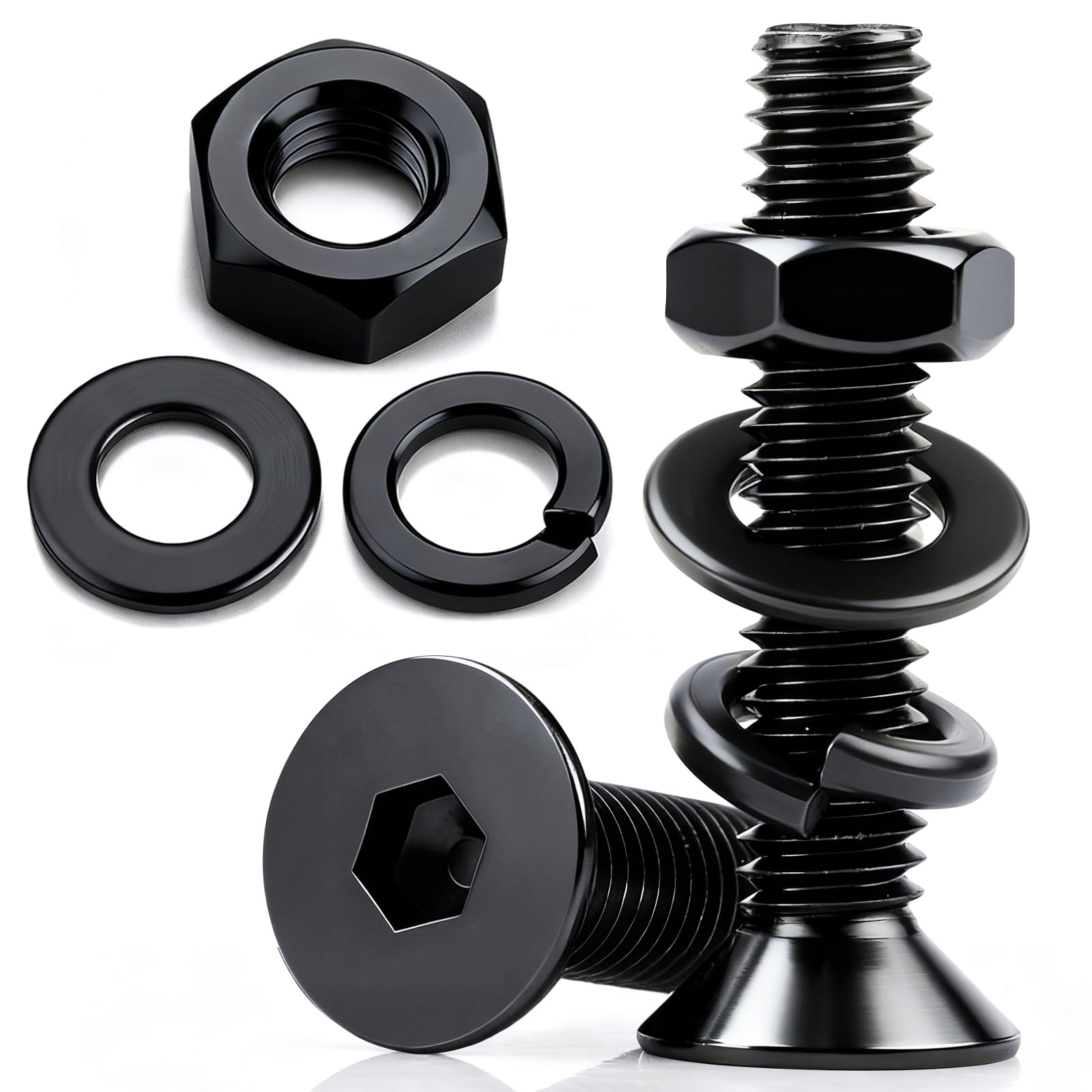 NZNSML 60 Pcs M5 Screws Black Countersunk Nuts and Bolts M5x8 mm Hex Socket Countersunk Bolt Carbon Steel Machine Screws with Nuts and Washers Metric Standard Thread for DIY Models Repairs