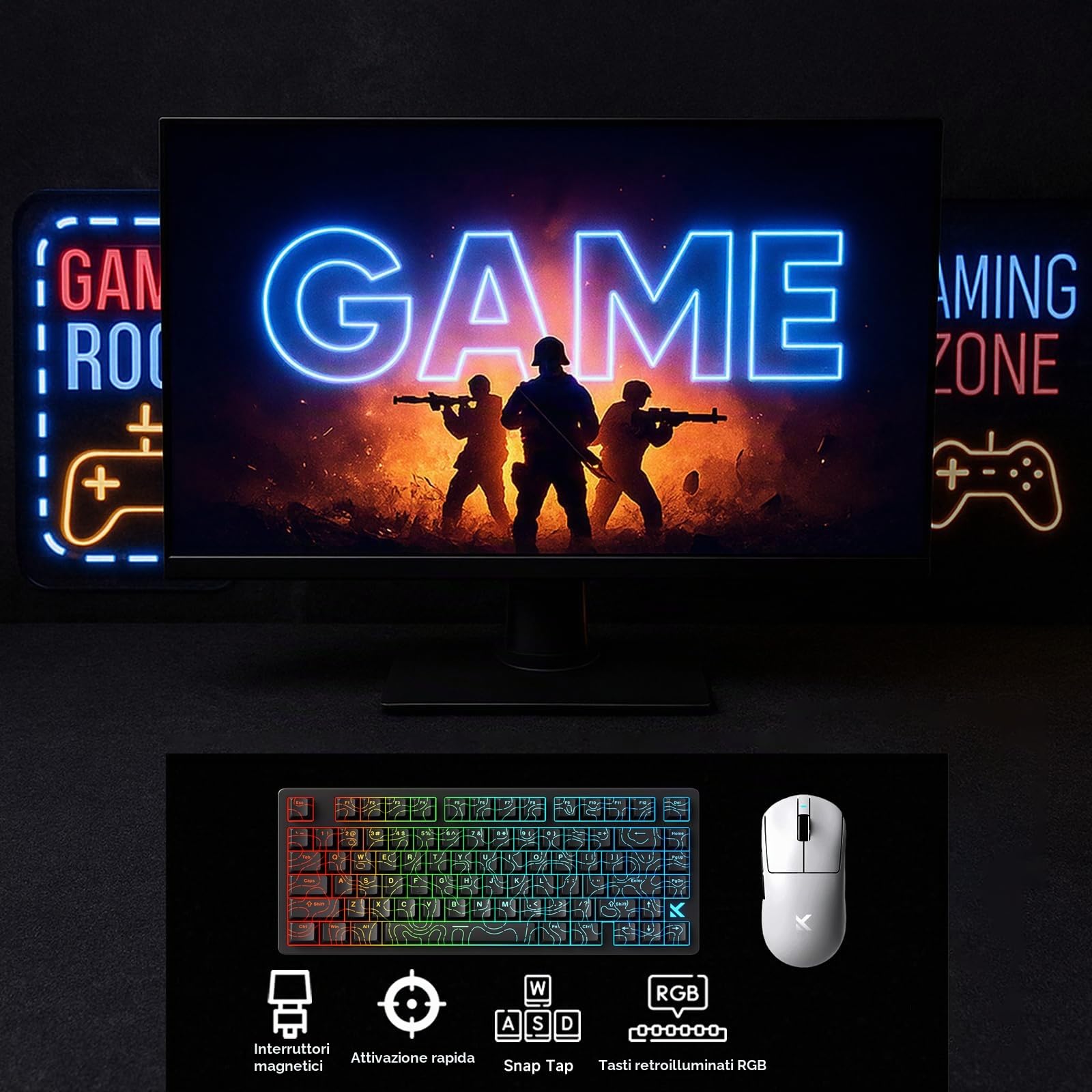 FOXMM x MCHOSE Jet 75 HE Tastiera Gaming 75% cablata RGB, Rapid Trigger 8000Hz, Switch Magnetico ad Effetto Hall God, Corsa Regolabile Ultra Precisione 0,005 mm, per giochi FPS, Nero