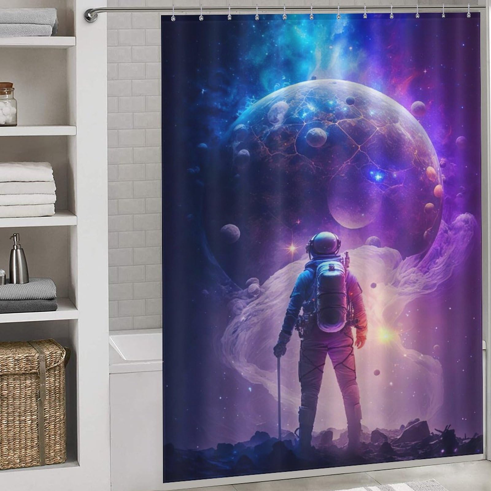 Rideau de douche astronaute en polyester imperméable avec ses 12 crochets inclus