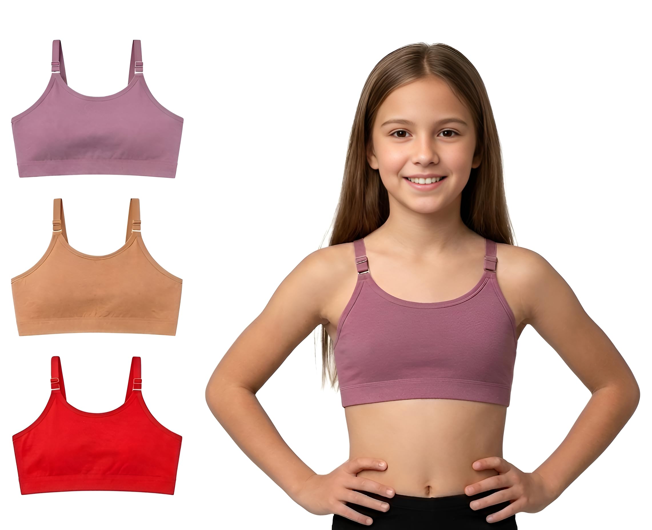 Girls Beginner Sports Bra Pack of 3, Cotton Training Bra for Teens & Kids, Non-Padded Non-Wired Adjustable Strap Innerwear, Multicolor (Pack of 3)-image-17