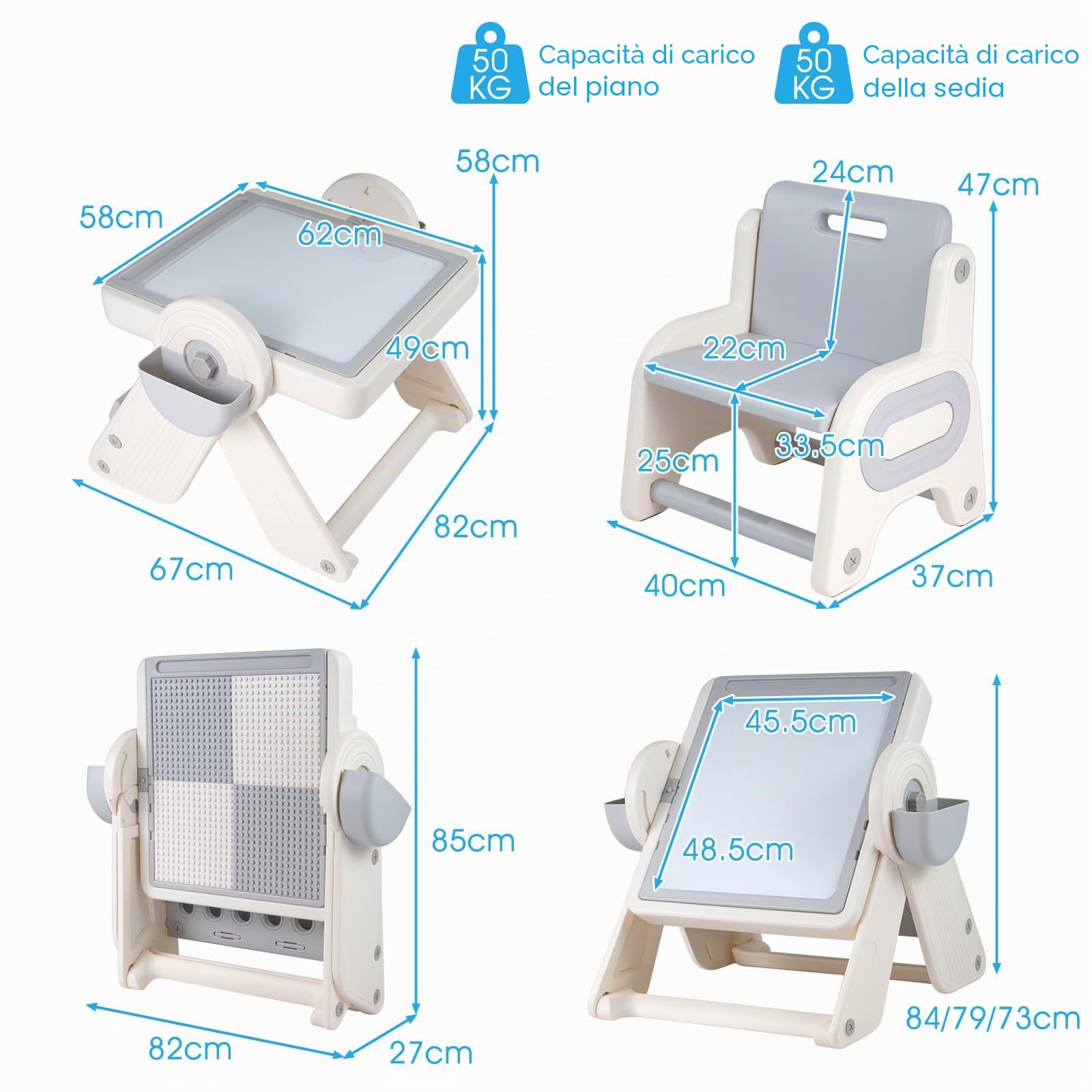 LIFEZEAL Tavolino e Sedia per Bambini 18+Mesi, in Plastica, Tavolo con Lavagna, Libreria, Tavola per Costruzioni, Vassoio di Acqua, Sabbia, Altezza Regolabile, Piano Inclinabile, Pieghevole (grigio)