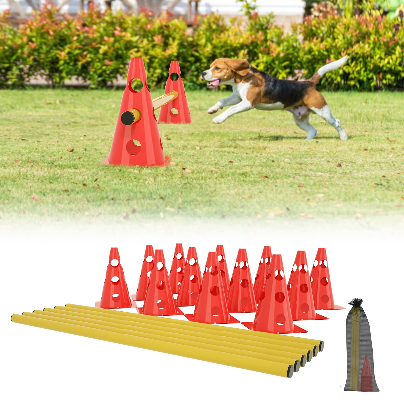 Yunvin Agility Equipment Set 12 Cones and 6 Bars Jump Training Kit with Carry Bag Coordination Training Adjustable Height Obstacles Agility Hurdles for Children Dogs