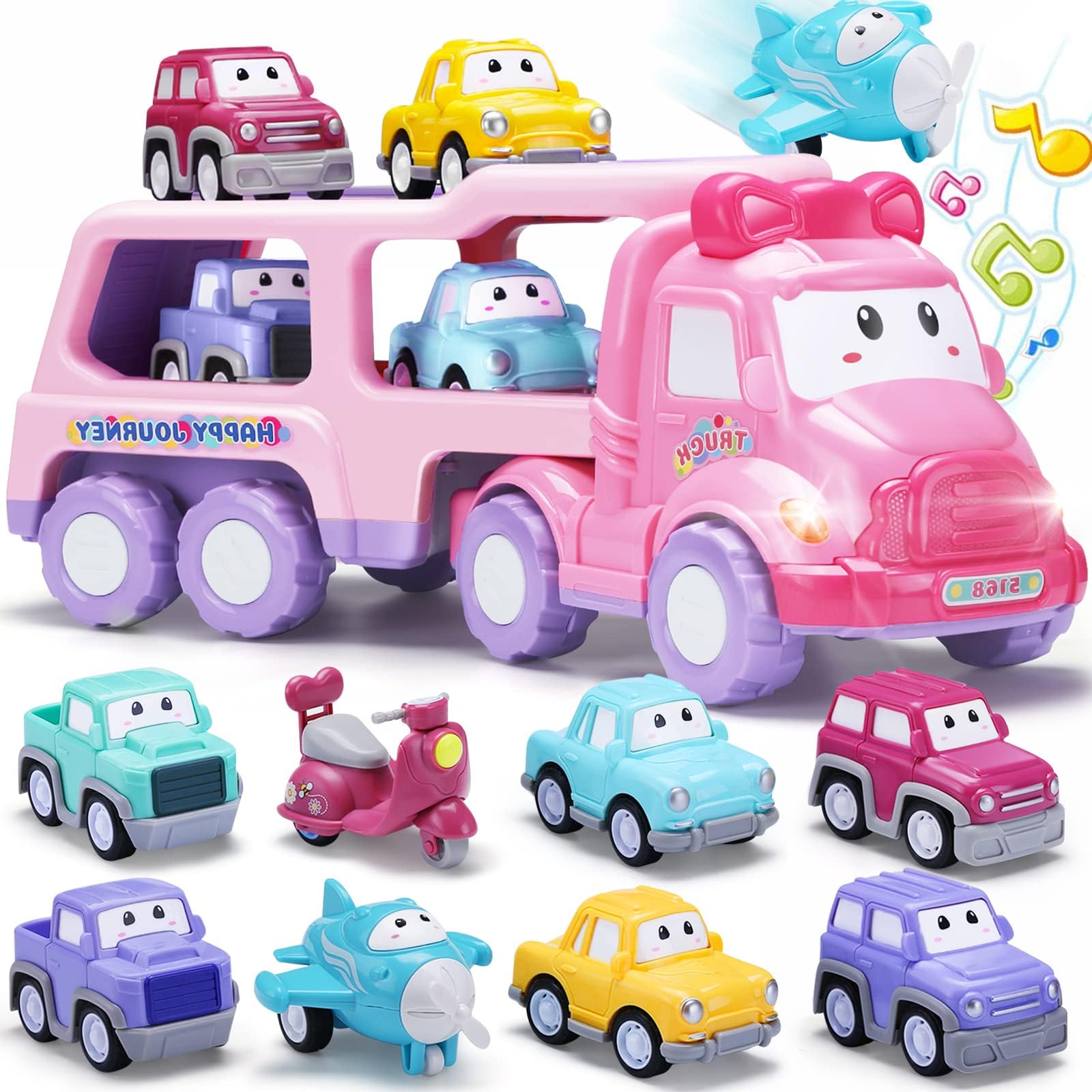 9-in-1 Cartoon Vehicle Toy for Toddler, Friction Power Transport Car with Light and Sound, Pink Carrier Truck for Baby Girls, Toys for 1 2 3 Year Old Little Girl Kid Child Infant Gift Birthday