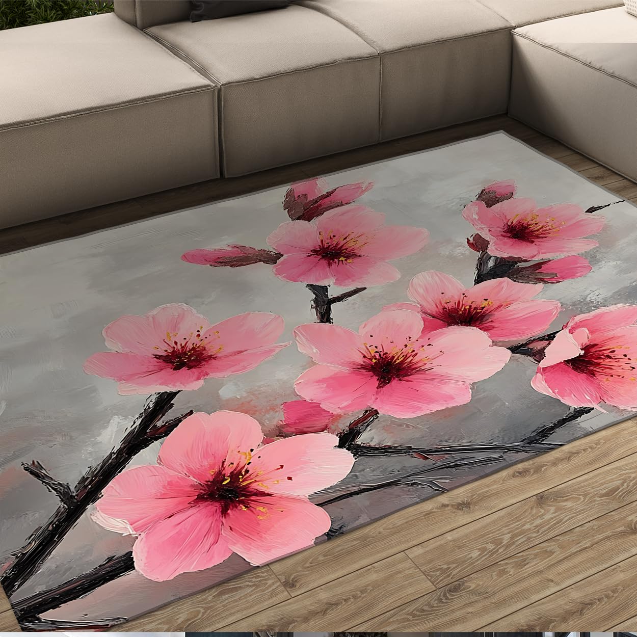 Tapis encre chinoise fleur de prunier rose doux pour habiller une salle à manger