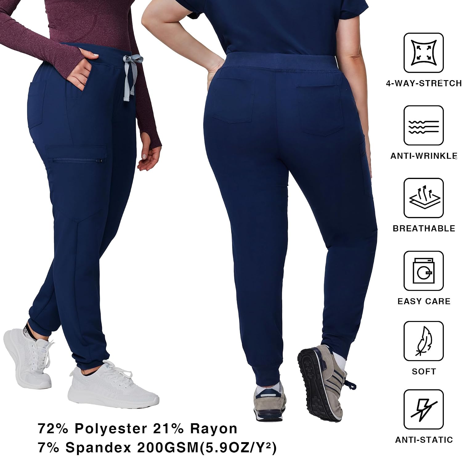 Kitmaz Medical Scrub Pants for Women - Mid Rise 4-Way Stretch Anti-Wrinkle Slim Fit Jogger Pants, Drawstring & 5 Pockets