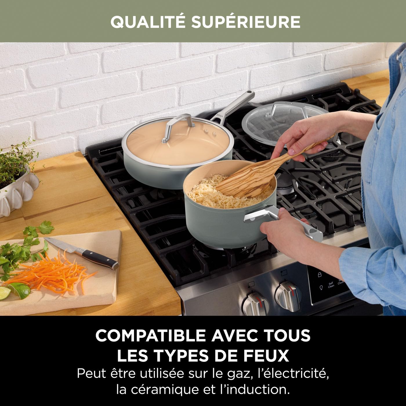 Ninja Extended Life Batterie Céramique 5 Pièces (Poêles 20/24cm + Casseroles 16/18/20cm + couvercles), Antiadhésif (sans PFA, PFOA, Plomb ou Cadmium), Résistance 285°C, Gris & Terrecota, CW95000EUUKDB
