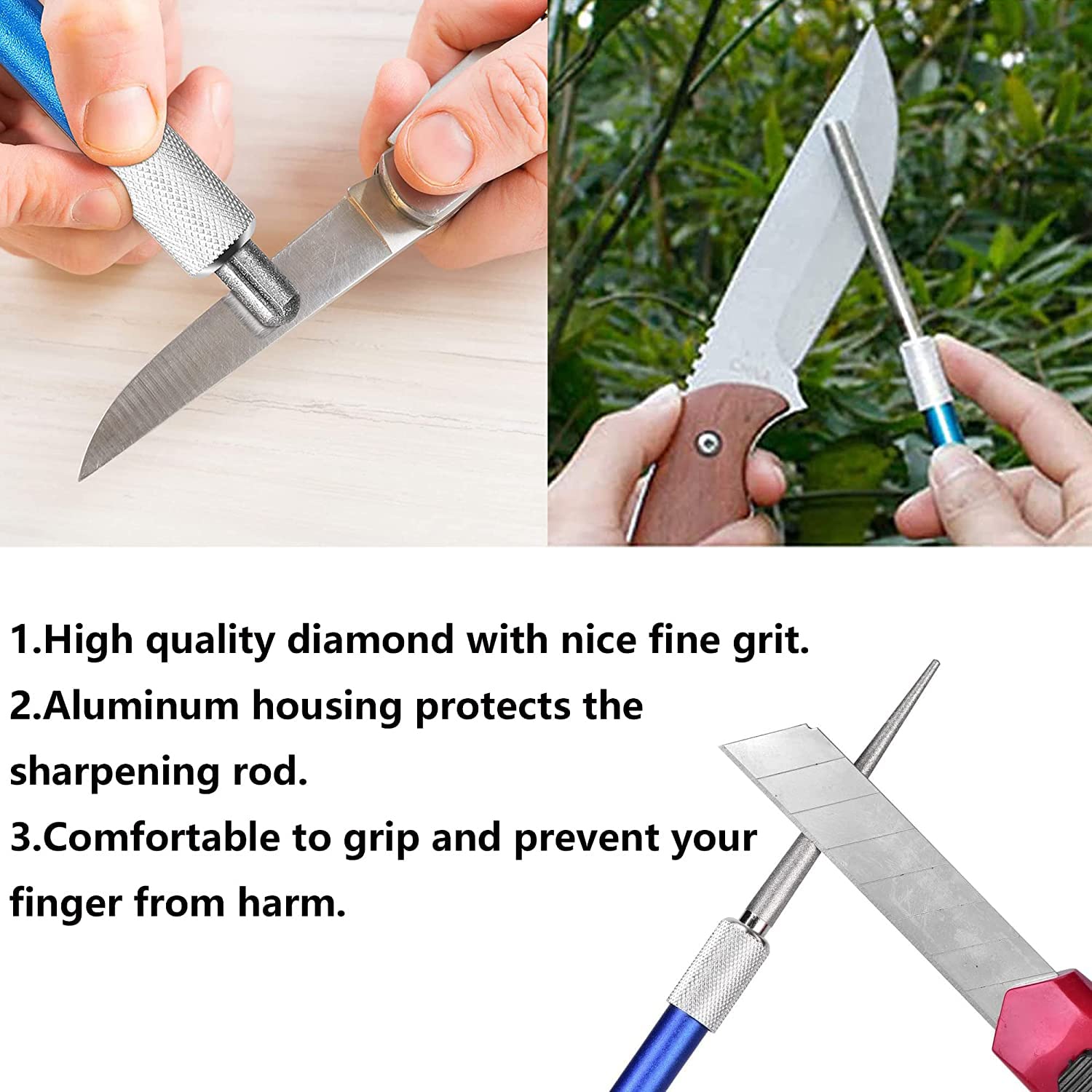 Varilla de afilador de acero portátil de 2 piezas, afilador de cuchillos retráctil de diamante dentado, varilla de afilado de acero, multiuso para campamento/cocina 5