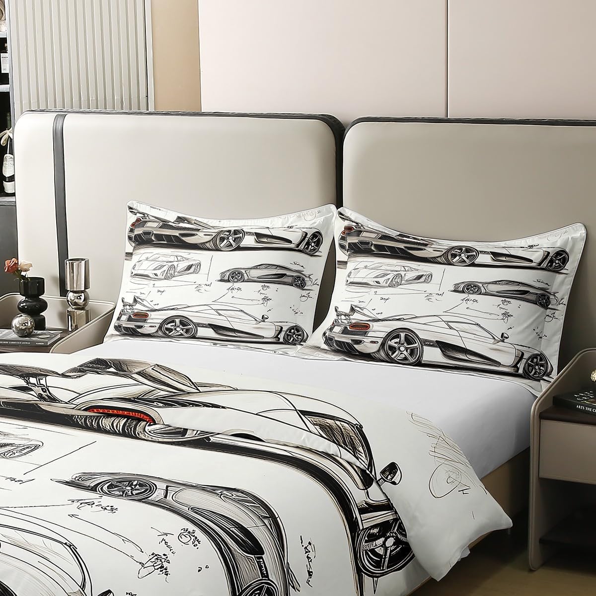 Feelyou Race Car 100% Cotton Duvet Cover Queen Size Kids Speed Sports Car Manuscript Comforter Cover Set Boys Girls Teens Racing Car Line Bedding Set Breathable Extreme Sports Bedspread Cover