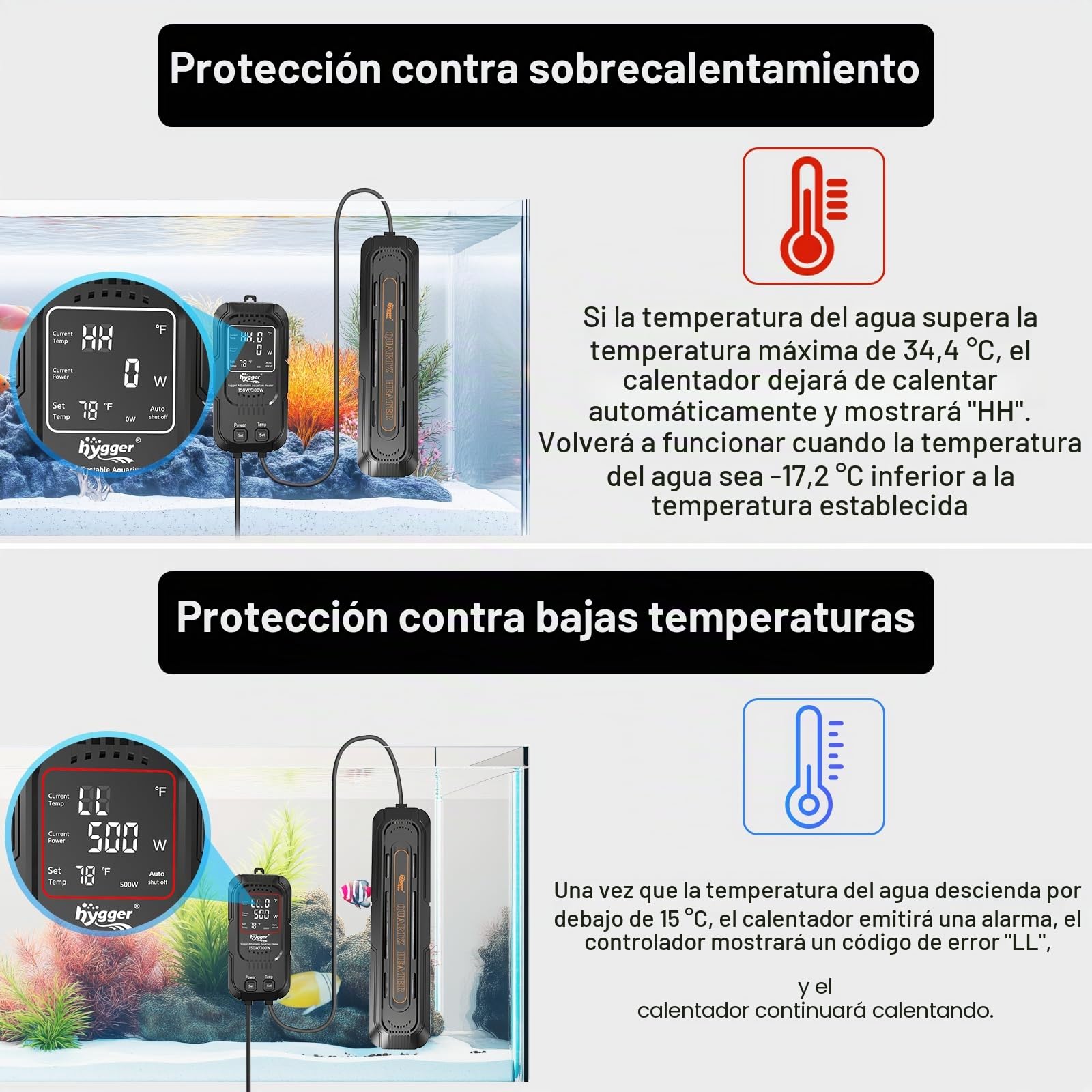 Hygger Calentador Acuario para Pecera Potencia Regulable 600W/1200W,Calefacción para Acuario Sumergible Calentador con Controlador Digital de Agua Dulce y Aalada de 500-900 litros