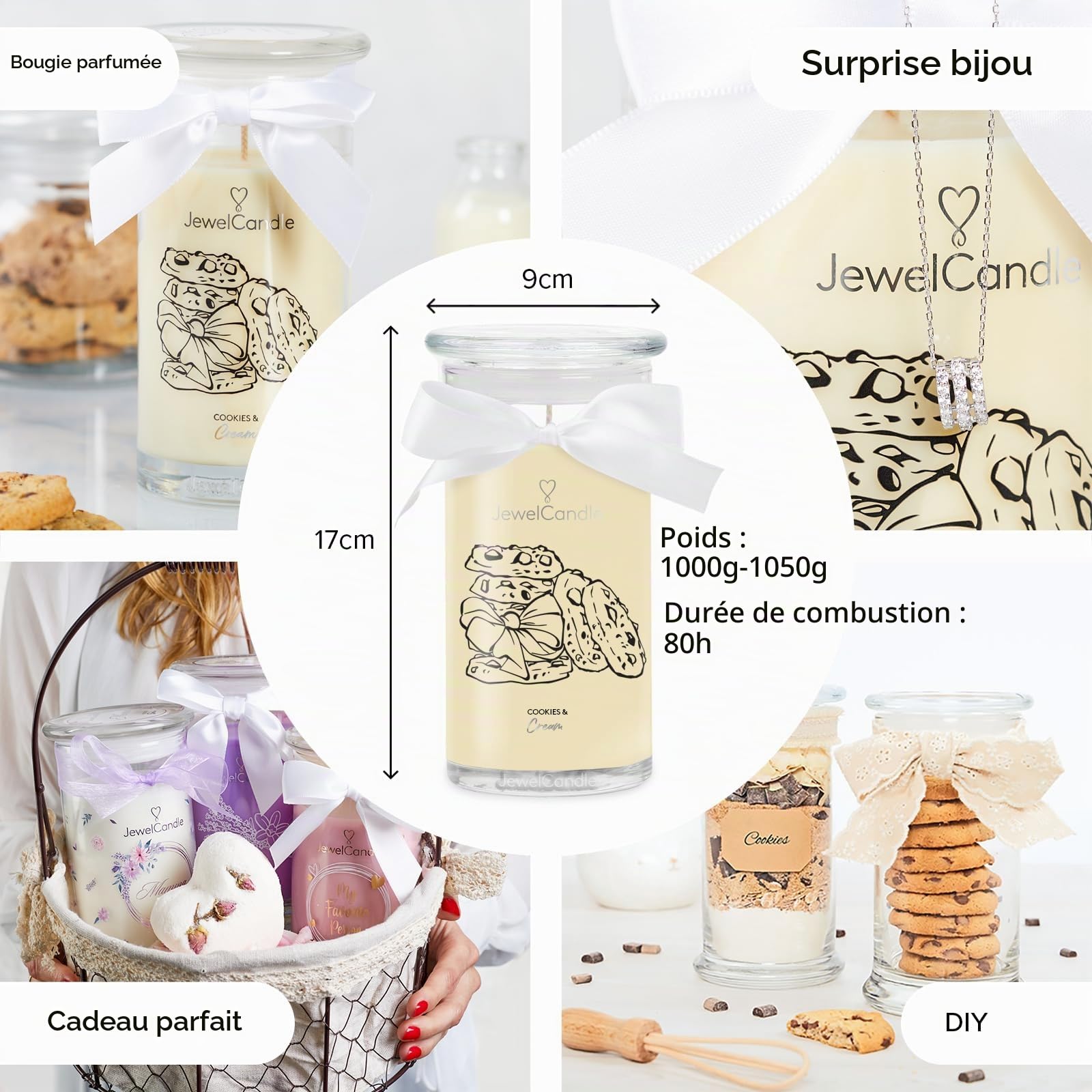 Jewelcandle Cookies & Cream grand jarre (1020g, 95-125heures de combustion) beige bougie parfumée (Biscuits) avec bijou en argent Sterling 925-collier