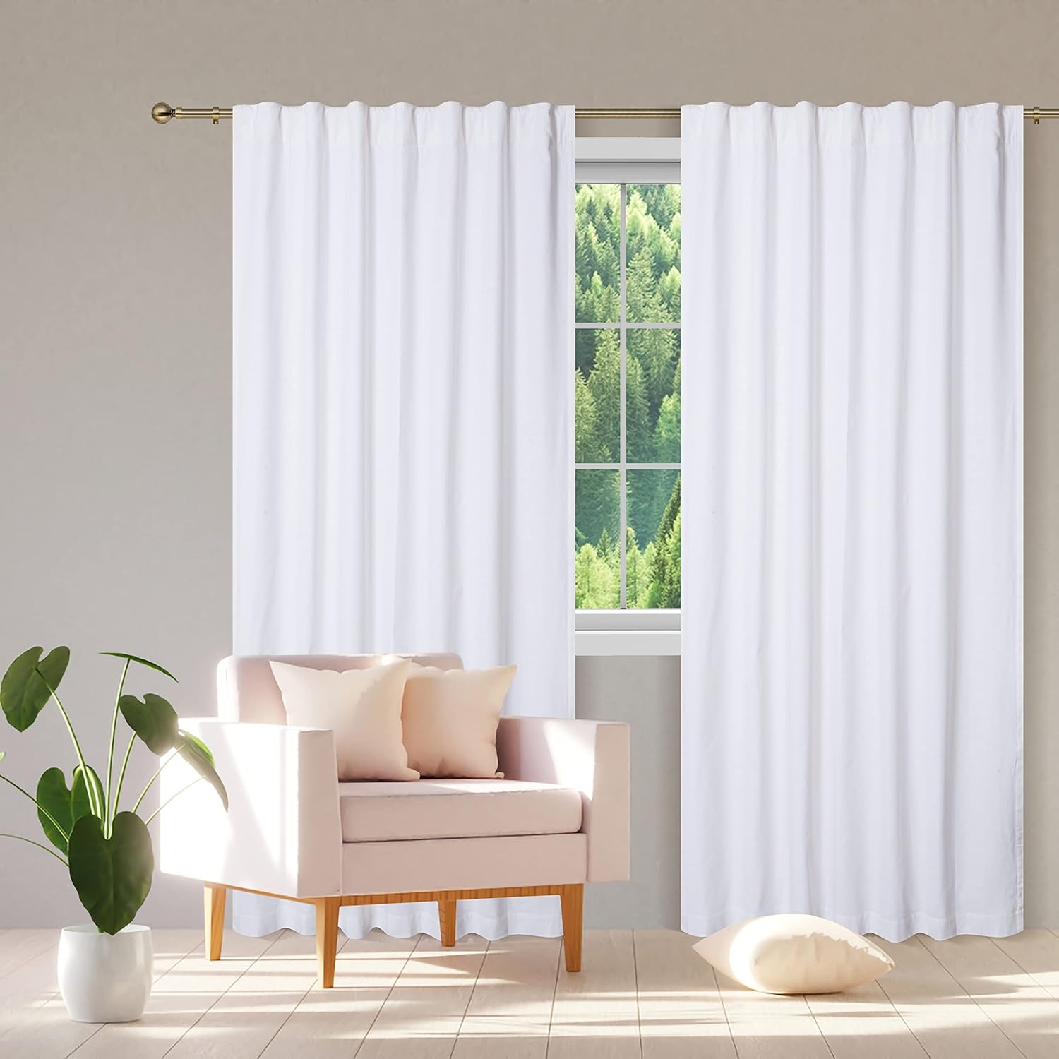 White Cotton Curtains with Texo Lining – Double Layer Drapes, 108" Long x 50" Wide, Light-Filtering Curtains & Drapes for Living Room or Bedroom