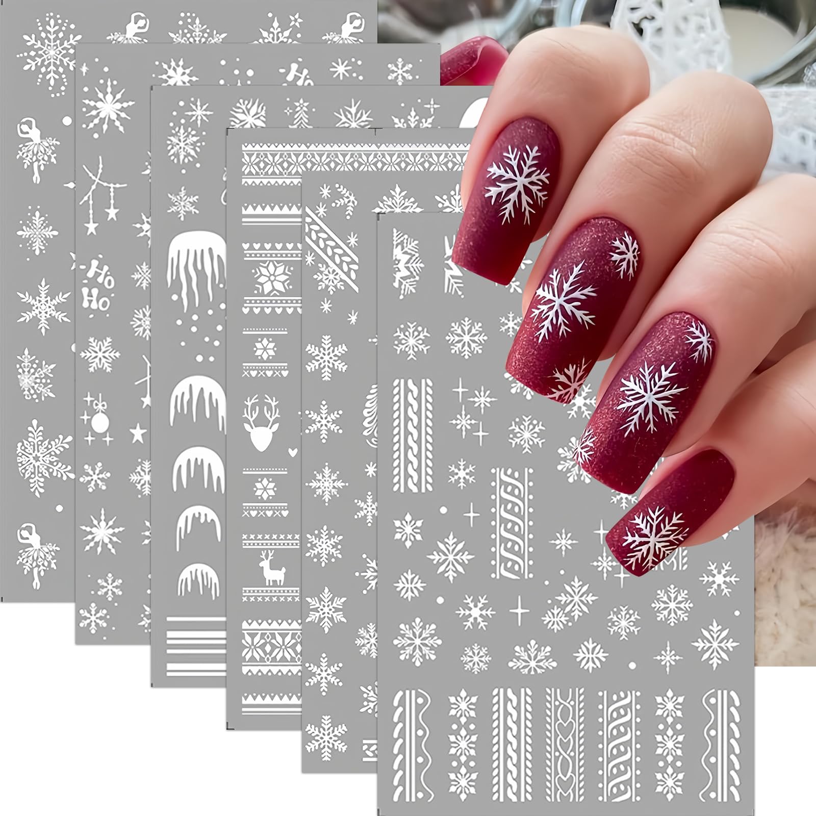 6 Sheets Christmas Snowflake Nail Art Stickers Decals Christmas White French Nail Decals Winter Theme Nail Sticker Winter Elk Snowball Nail Design