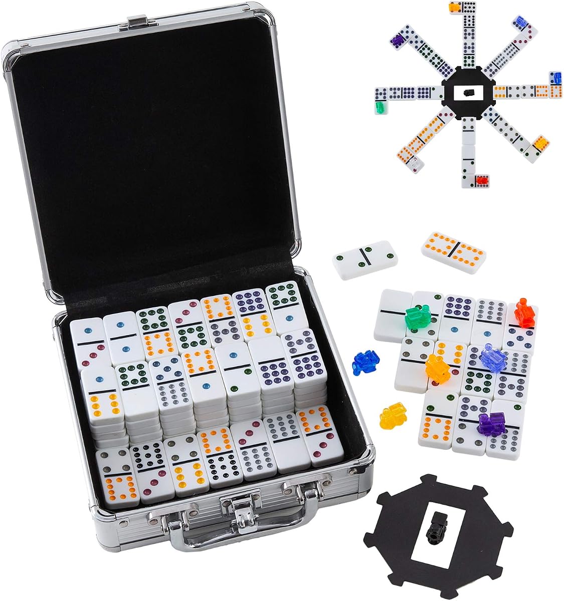 Juego de tren mexicano de dominó con puntos dobles de 12 colores, dominó de puntos de 91 fichas con 9 trenes, marcador, cubo en forma de octágono y estuche de aluminio