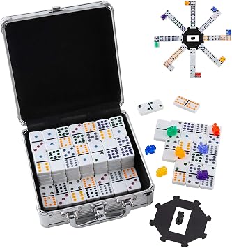 Homwom Double 12 Colored Dot Dominoes Mexican Train Game Set, 91 Tiles Dot Dominoes with 9 Trains, Scoreboard, Octagon Shape Hub and Aluminum Case