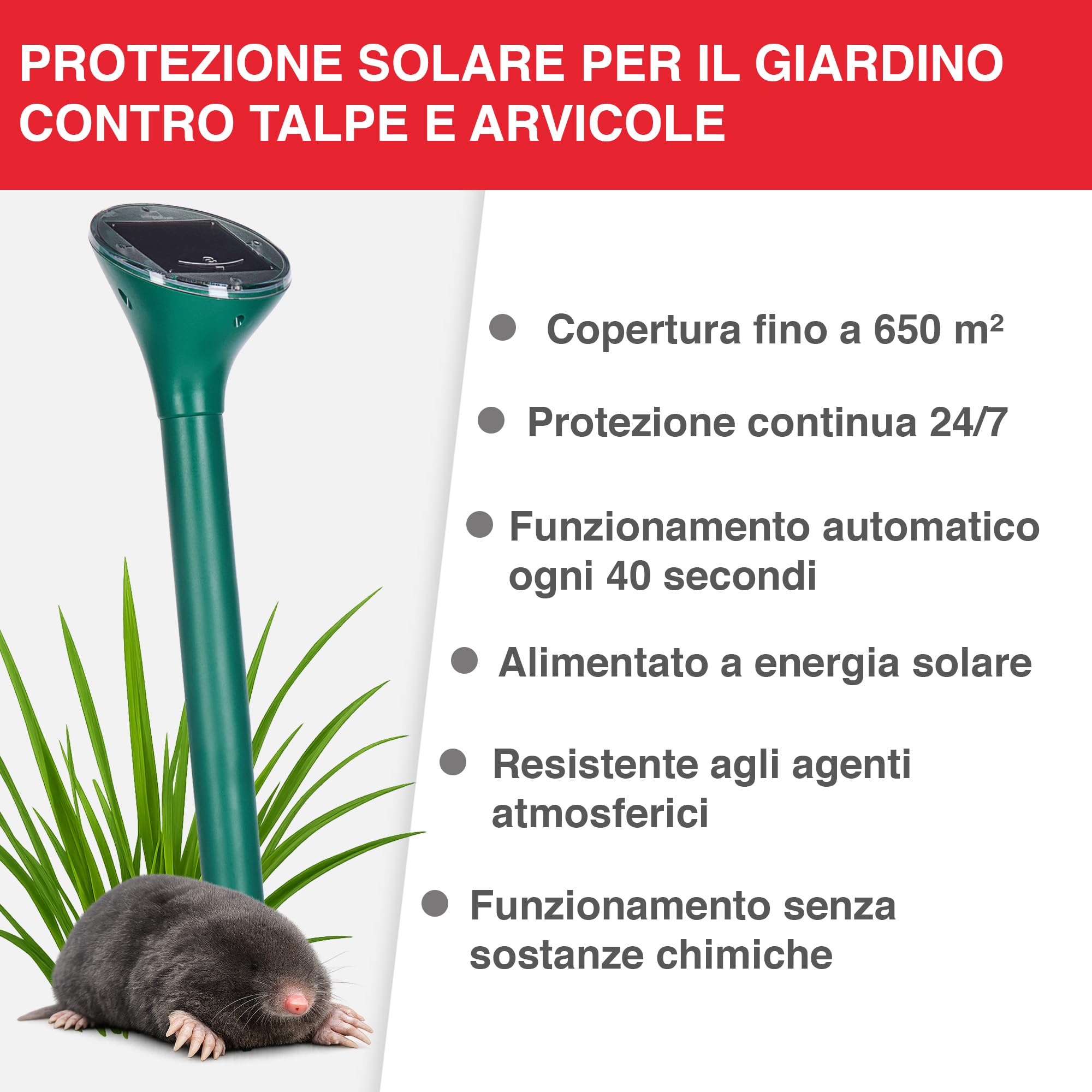 SWISSINNO Dissuasore solare talpe arvicole fino a 650 m² ultrasuoni vibrazioni anti roditori resistente alle intemperie per giardino prato funzionamento continuo giorno notte dispositivo 1 pezzo