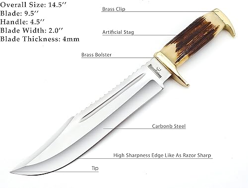 Miniatura 5 de NoonKnives Hoja de acero al carbono de 15.5 pulgadas hecha a mano con mango de cuchillo Bowie coleccionable con clip de latón (cuerno de ciervo