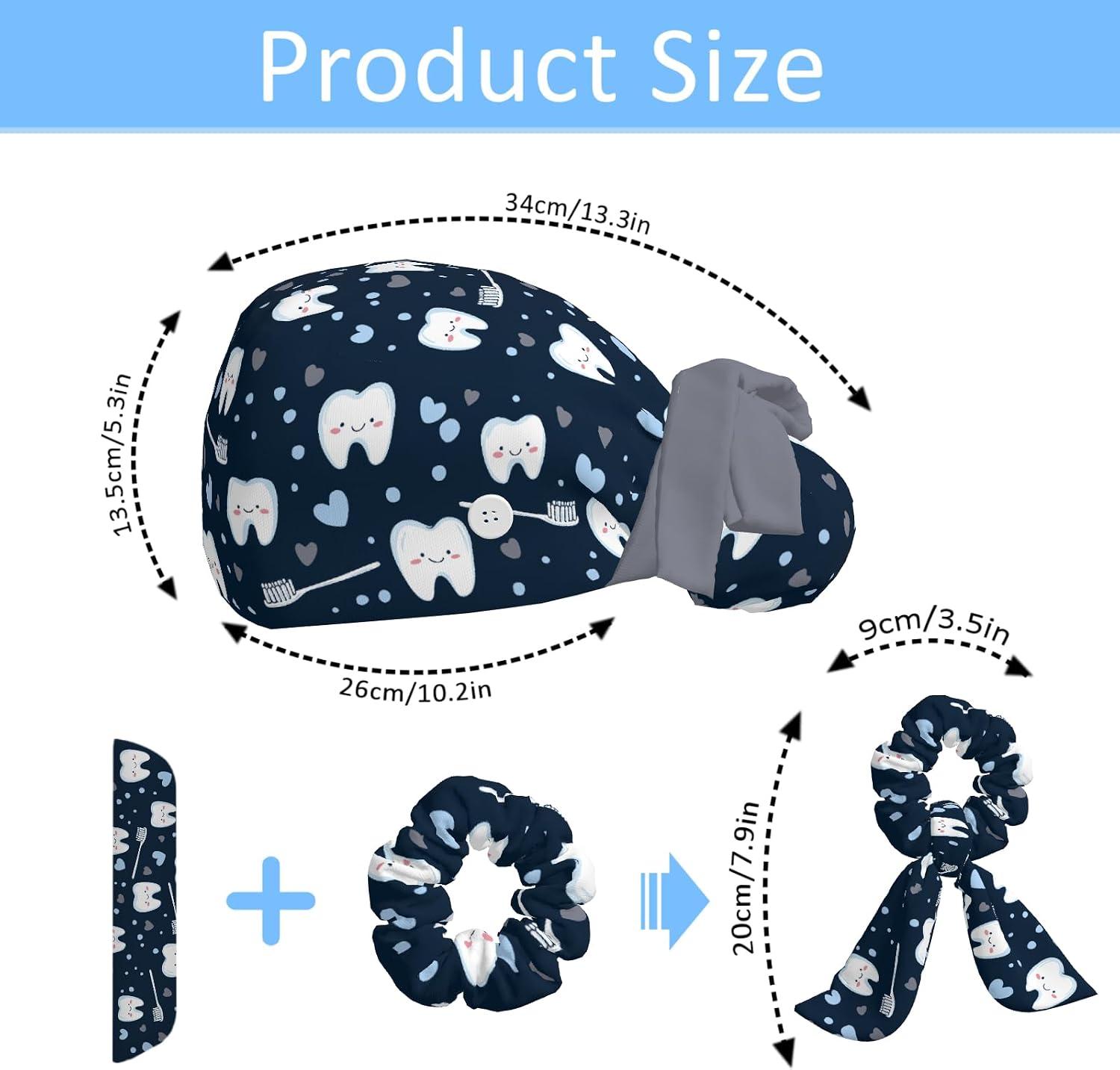 Scrub Caps Women Ponytail, Adjustable Surgical Caps with Buttons and Sweatband, Bouffant Hat with Hair Scrunchy, Nurse Hat, Working Cap, Teeth Navy Blue Cute Cartoon Hearts Lovely Funny for Dentisit image 2