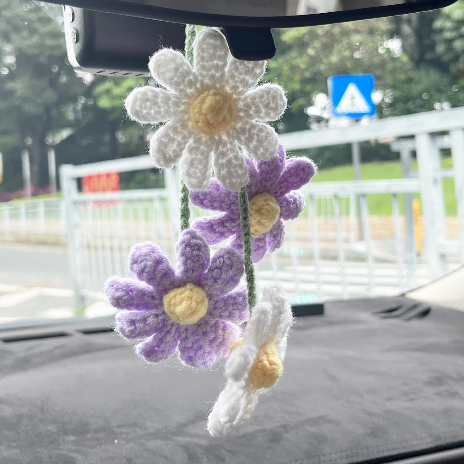 Handmade Crochet Daisy Car Mirror Hanging - Cute Car Accessories For Women, Adjustable Keychain Decor
