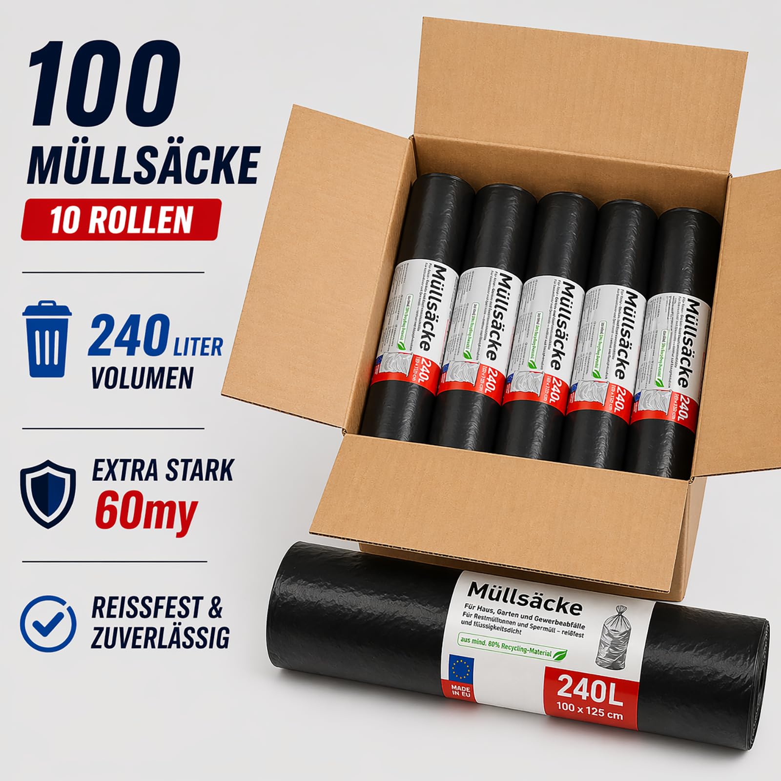 Müllsäcke 240L Extra Stark 60my 100 Stück 100x125cm schwarz