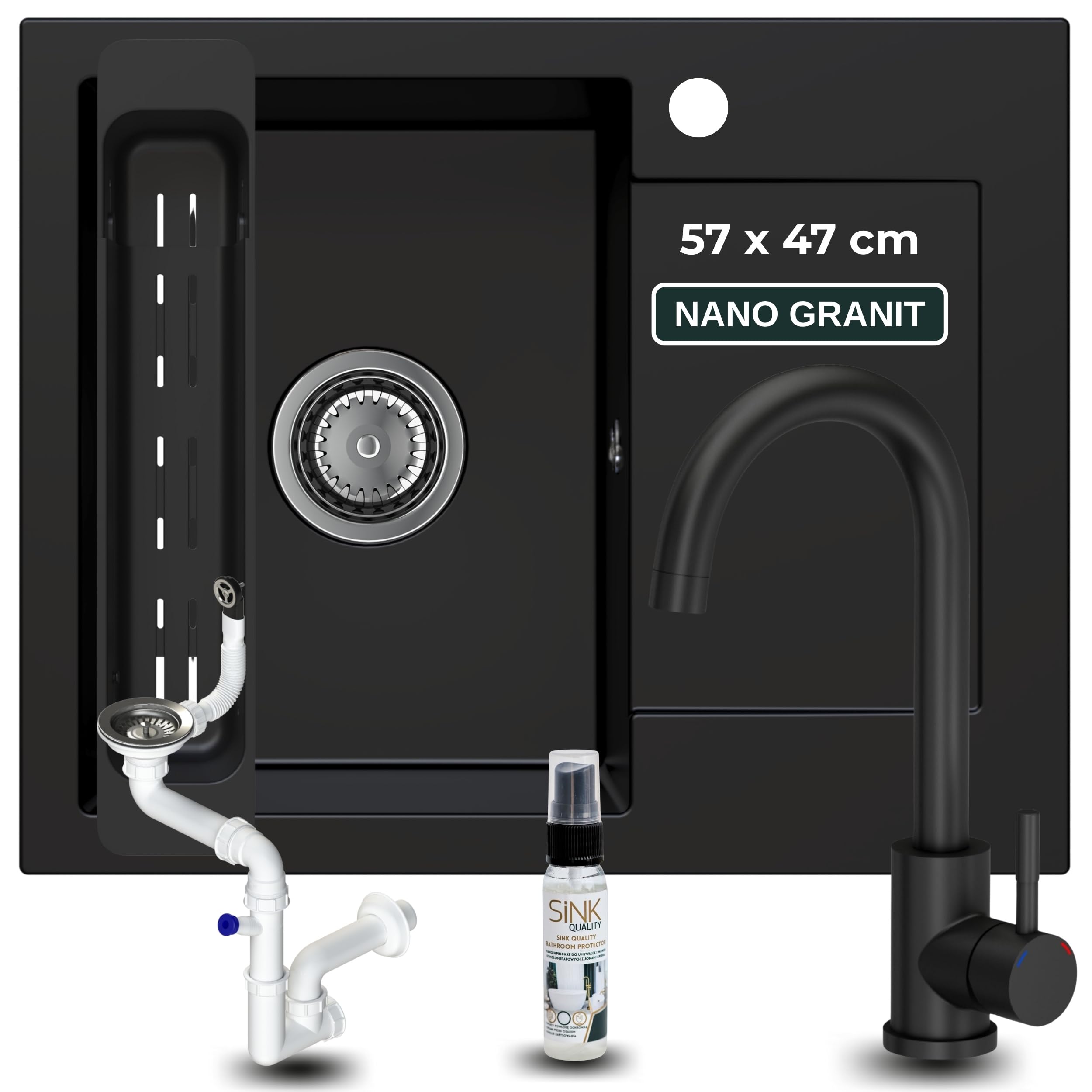 SINK QUALITY Lavello in granito nero con rubinetto 58 x 47 – Lavello con sifone e impregnante – Lavello da cucina nero con scolapiatti per mobile da 50 pezzi
