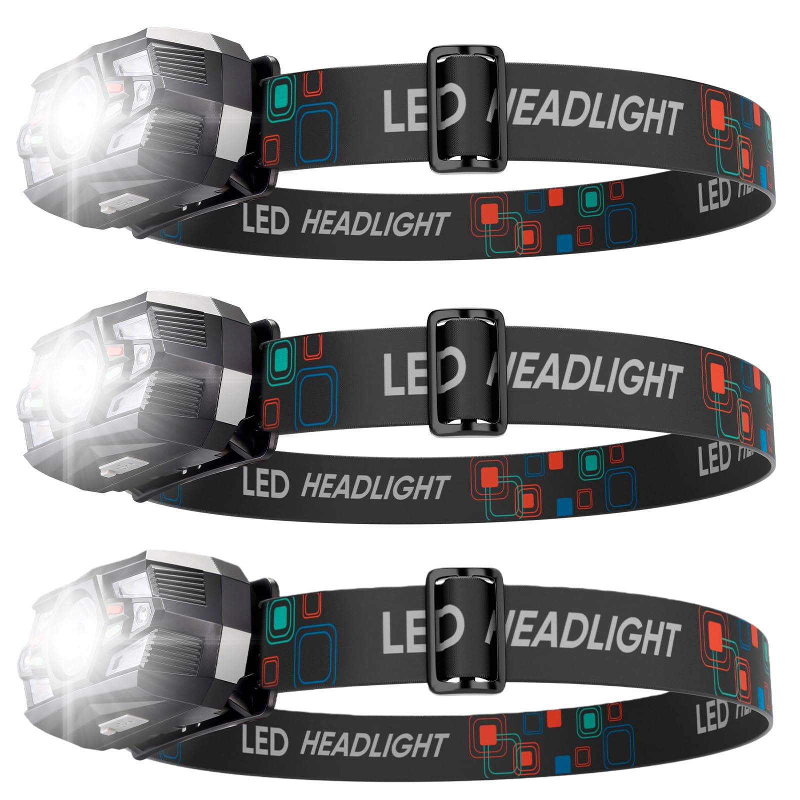 LeKaufen 3 PCS LED Head Torch Rechargeable, 2000 Lumen Headlamp with 5 Modes, Waterproof Headlight with Motion Sensor, Long Battery Life, Lightweight Headtorch for Running, Fishing, Camping