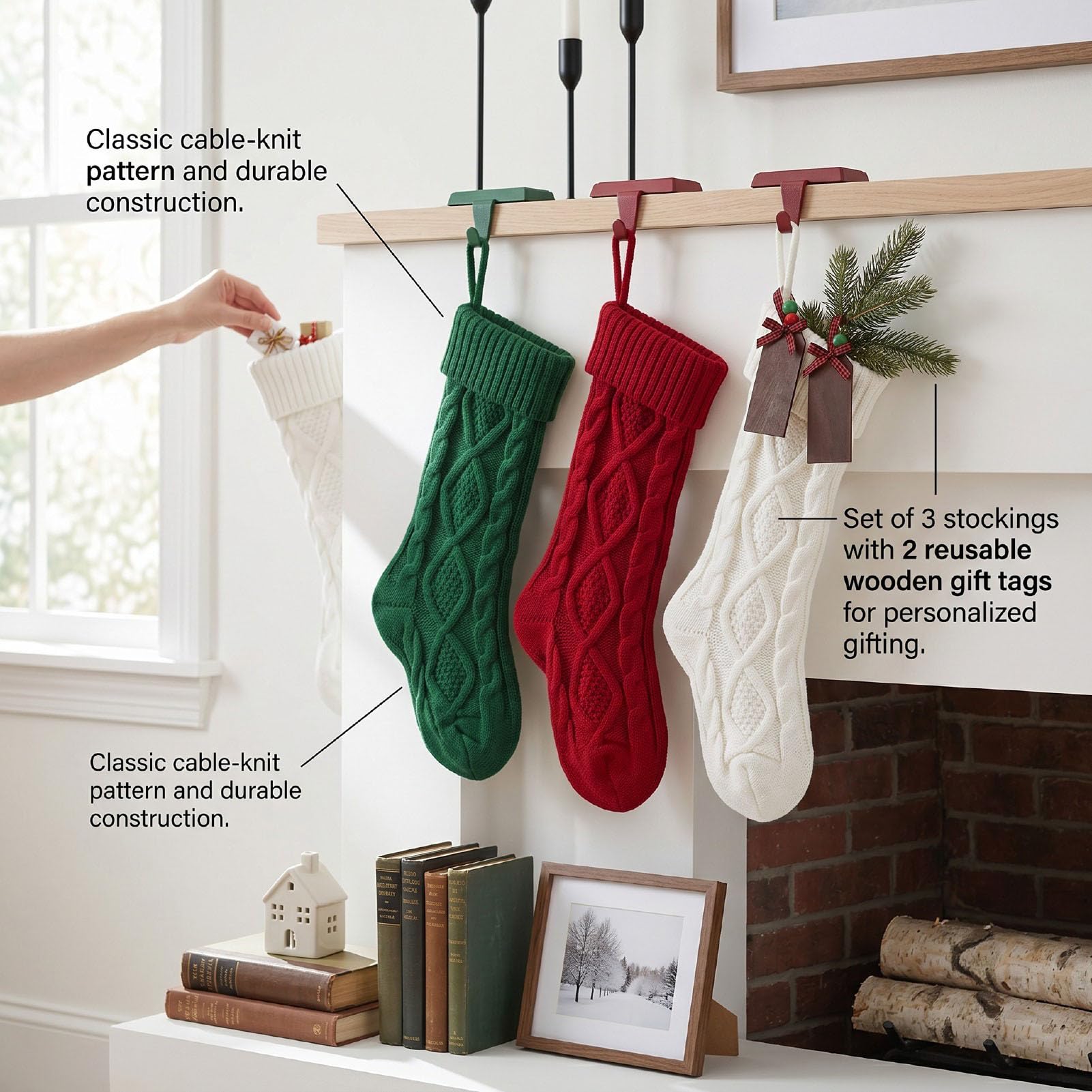 6er-Pack Weihnachtsstrümpfe-Set, Gestrickte Wolle | Namensschilder aus Holz, weiß, rot, grün, große Weihnachtsstrickstrümpfe, Zopfstrick-Weihnachtsstrümpfe