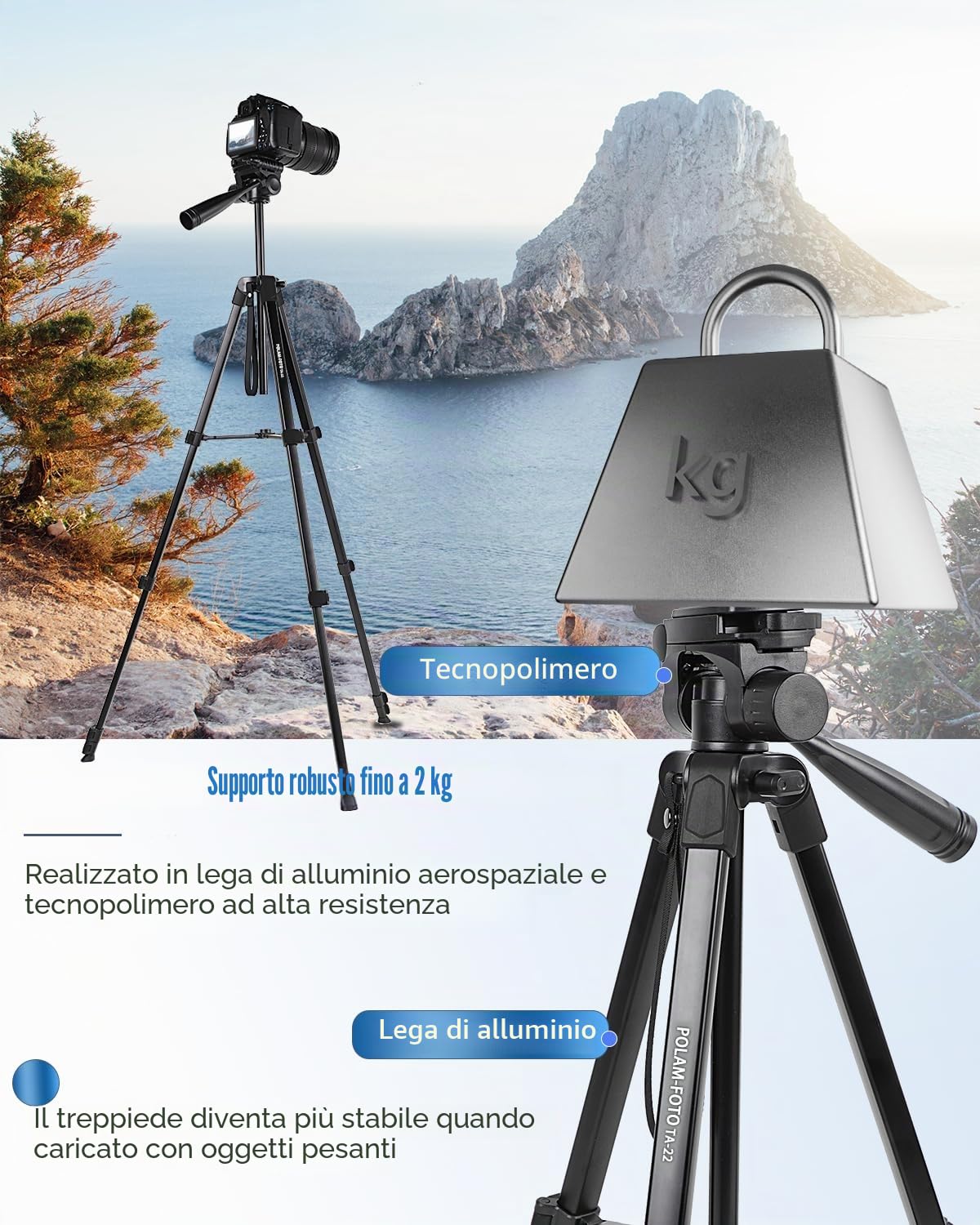 POLAM-FOTO 172 cm Treppiede leggero per smartphone, treppiede in alluminio, con testa panoramica a 3 vie e supporto per cellulare, adatto per smartphone e fotocamere DSLR, nero