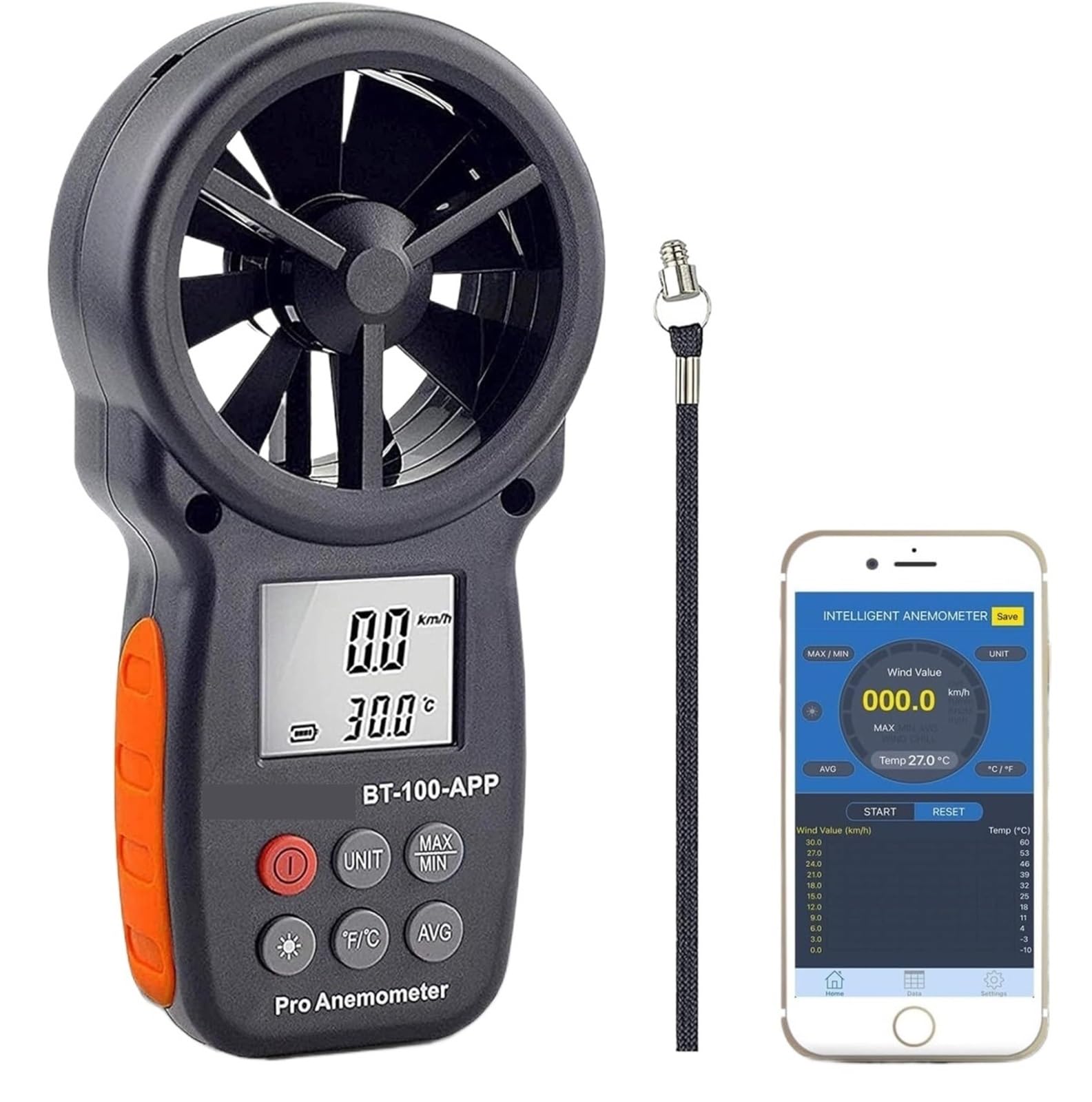 Anemómetro digital de velocidad del viento portátil, medidor de velocidad del viento con sensor de enfriamiento for medir la velocidad del flujo de aire y la temperatura con MÁX./MÍN./PROM.