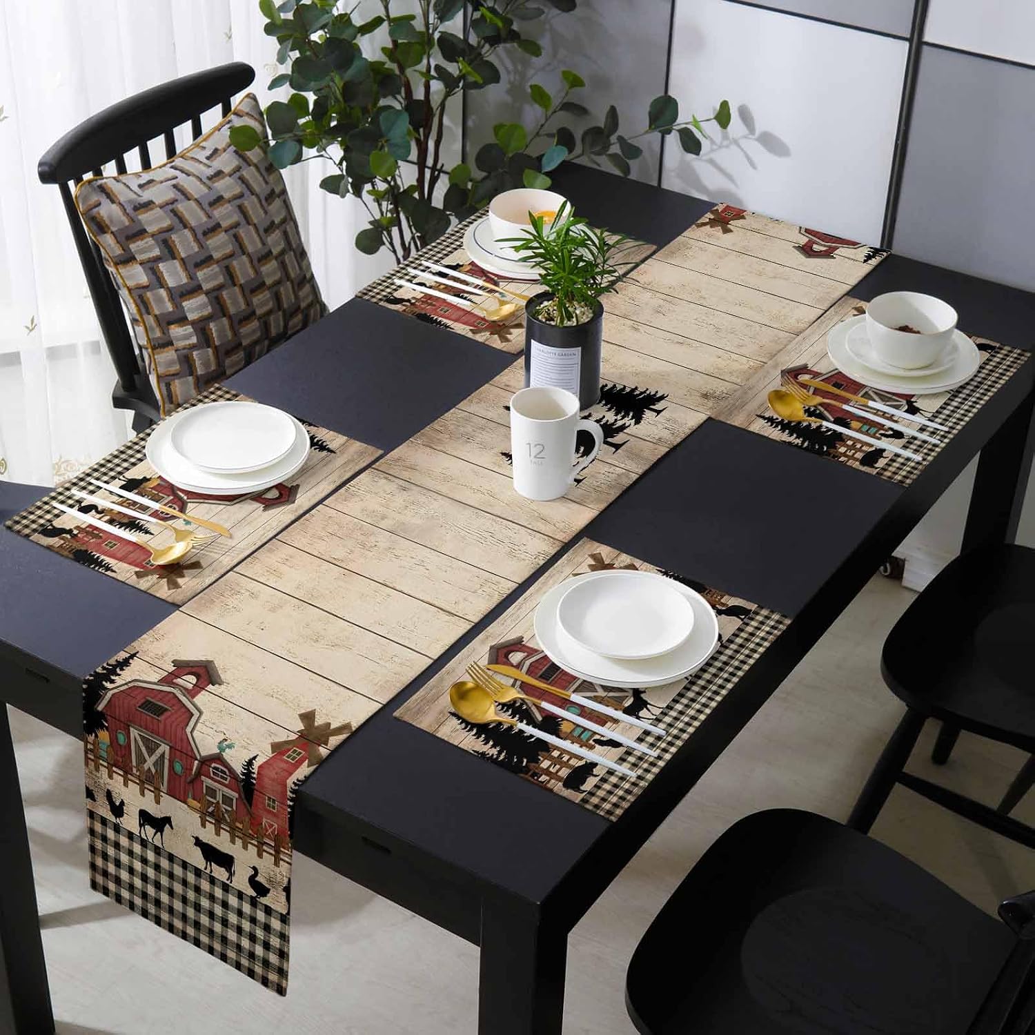 Brown Farmhouse Table Runner with Placemats Set of 4, Cotton Linen Kitchen Dining Mats Long Tablerunner 13"x70" Vintage Country Animals Wood Grain Plaid Table Mats Set for Living Room/Dresser/Dining