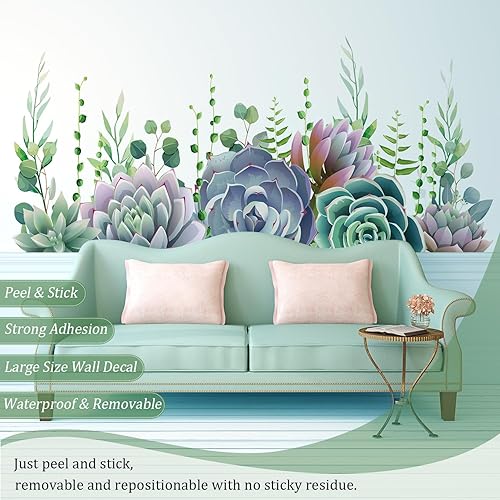 Miniatura 3 de Calcomanías de pared de plantas suculentas, hojas, despegar y pegar, calcomanías de pared de vinilo con flores grandes, extraíbles para colgar,
