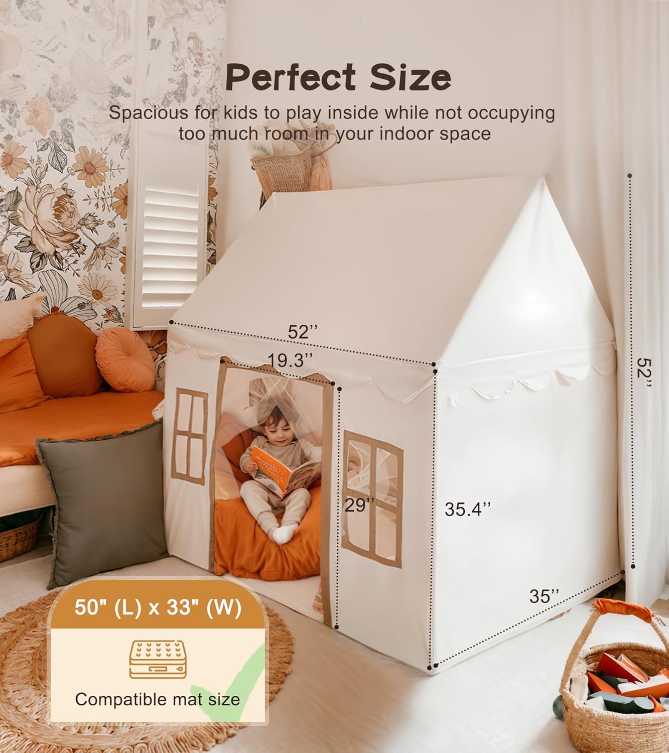 Little Dove Play Tent with Mat, Star Lights, Kids Playtent Indoor, Toddler Play Tent Large Outdoors for Kids Aged 3+, 52" x35" x 52", Toddler Teepee Play House with Windows