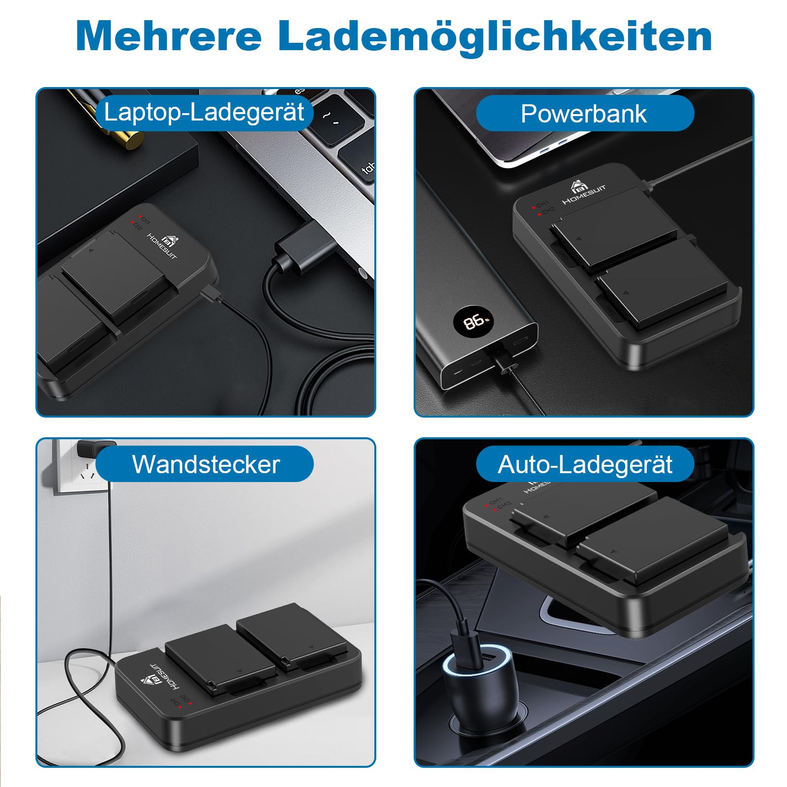 Homesuit LP-E10 Akku 1600mAh & Dual LED Ladegerät Kit für Canon EOS 1100D, EOS 1200D, EOS 1300D, EOS 2000D, EOS Rebel T3, T5, T6, T7, Kiss X50, Kiss X70 Kamera (2er-Pack)