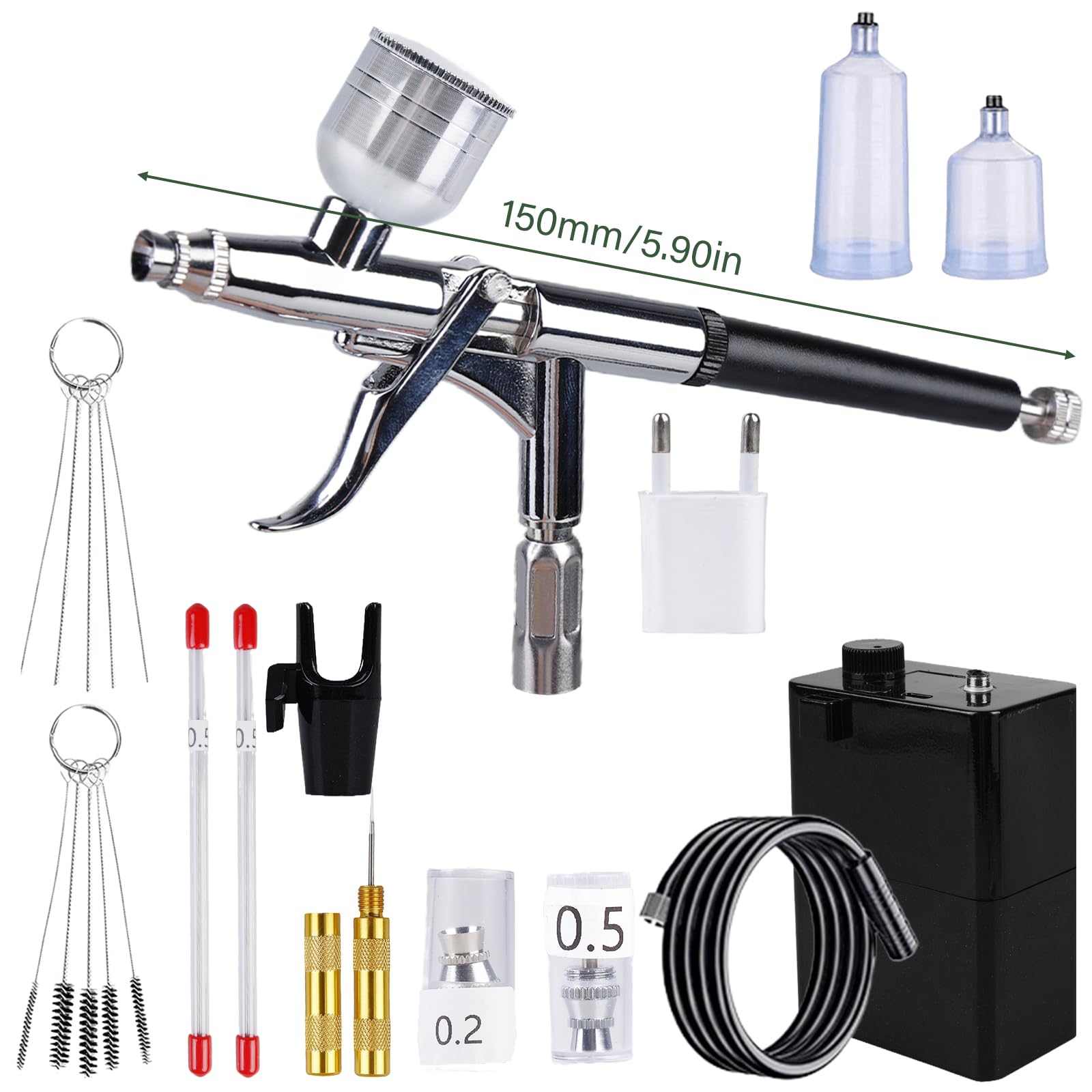 Set di aerografo con compressore, 40 PSI, kit di aerografo portatile a doppia azione + accessori per la pulizia del trucco, design delle unghie, decorazione di torte, modellismo e modellazione di